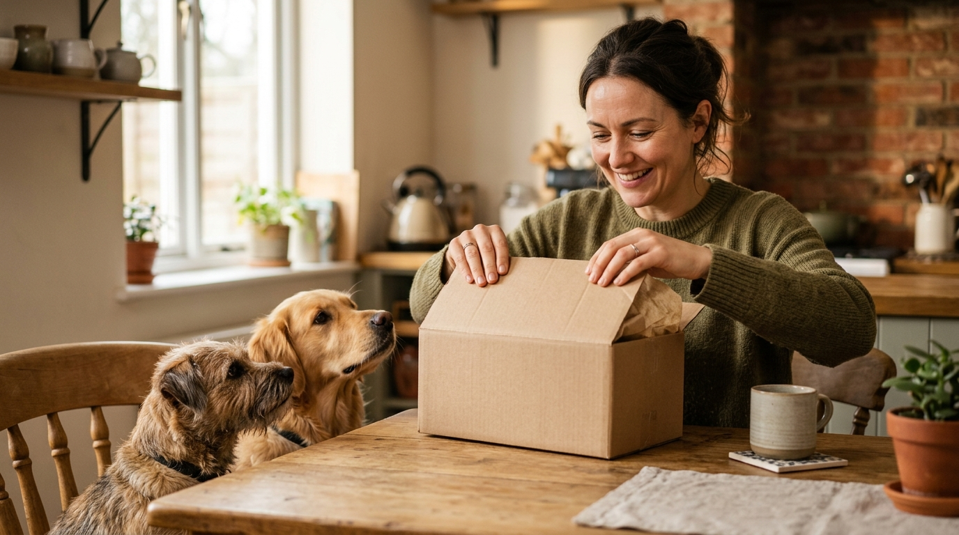 Vrouw pakt pakket uit met haar honden erbij