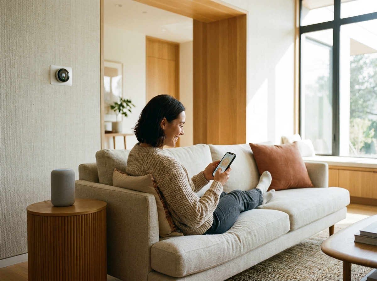 Person controlling a smart home with an app in a modern living room