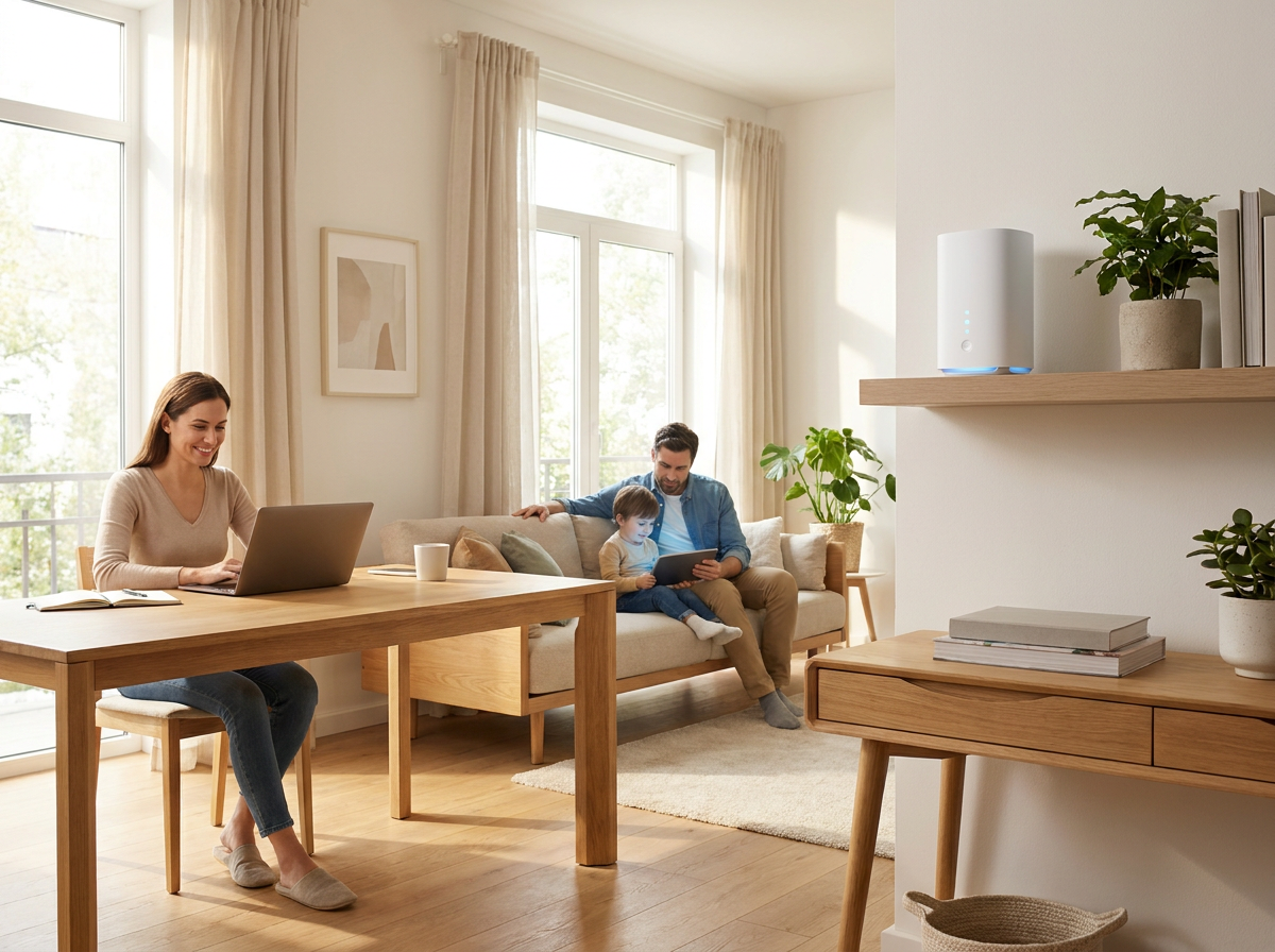 Family enjoying fast home internet in a bright modern living space