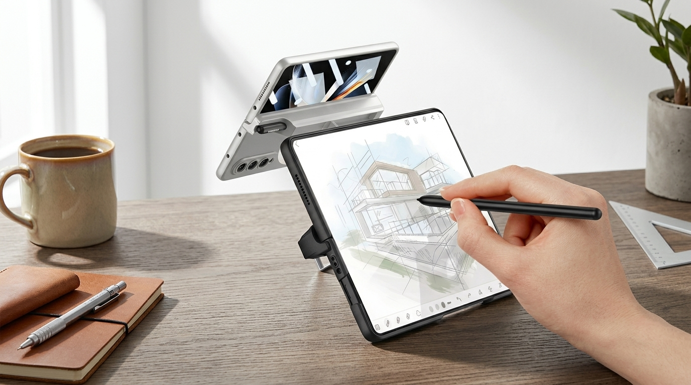 Sync M1 Galaxy Z Fold 7 case open with someone drawing on the inner display using the integrated S-Pen stylus