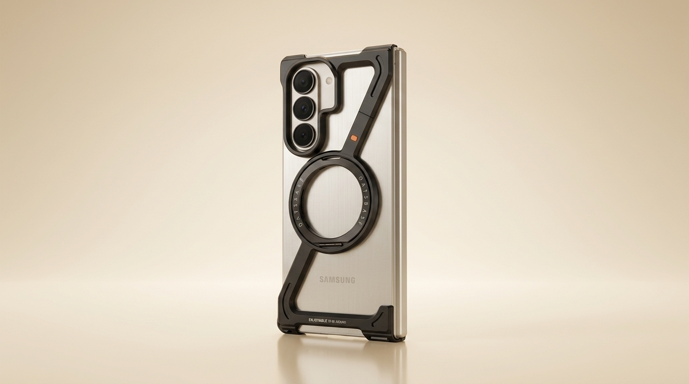 Halo M1 magnetic metal Galaxy Z Fold 7 case standing upright with 360-degree rotating ring kickstand visible on a cream studio background