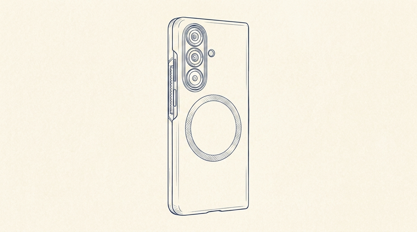 Apex M1 slim Galaxy Z Fold 7 magnetic case rendered as a designer's ink line sketch on a warm cream background