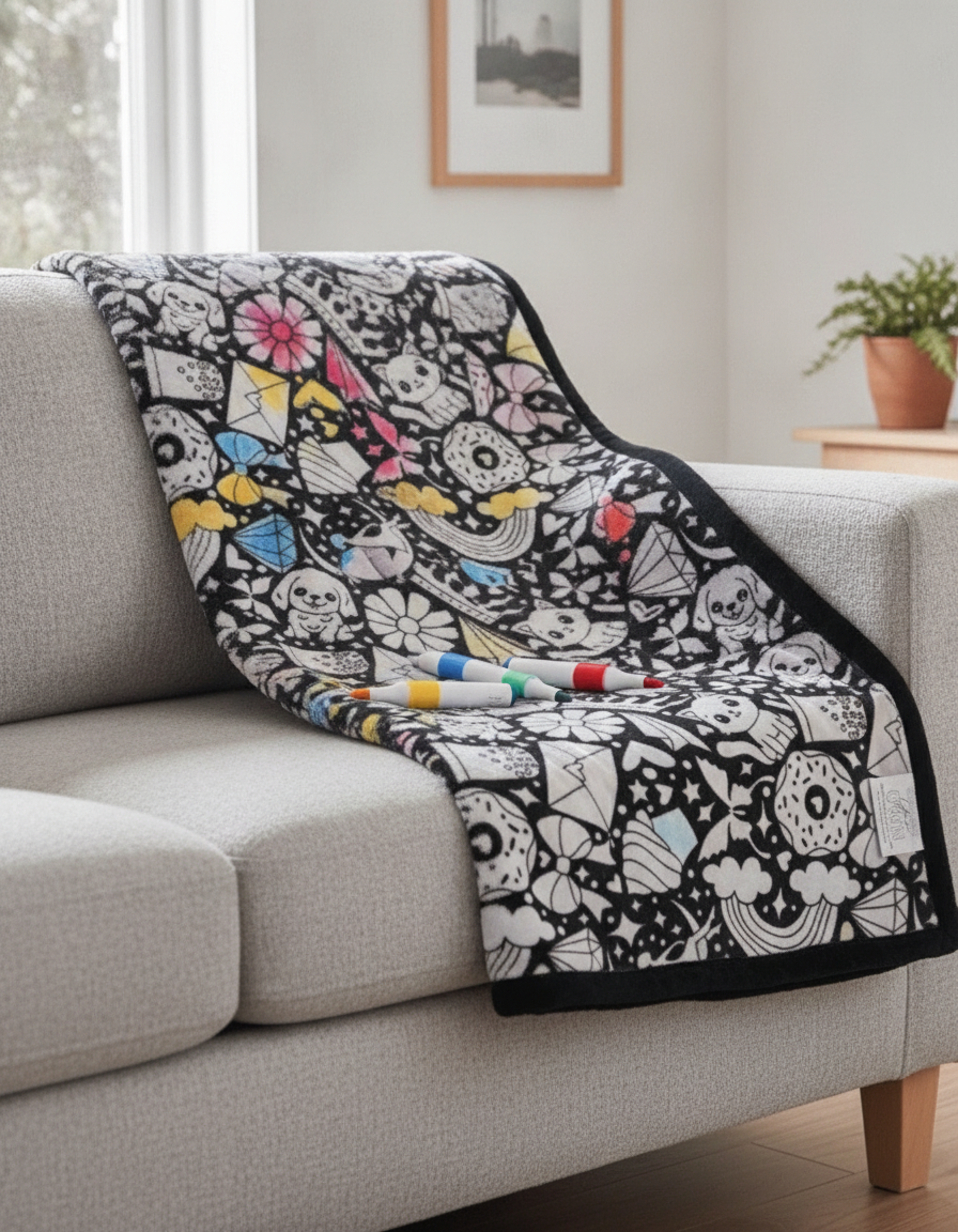 Färglagd filt draperad över en soffa