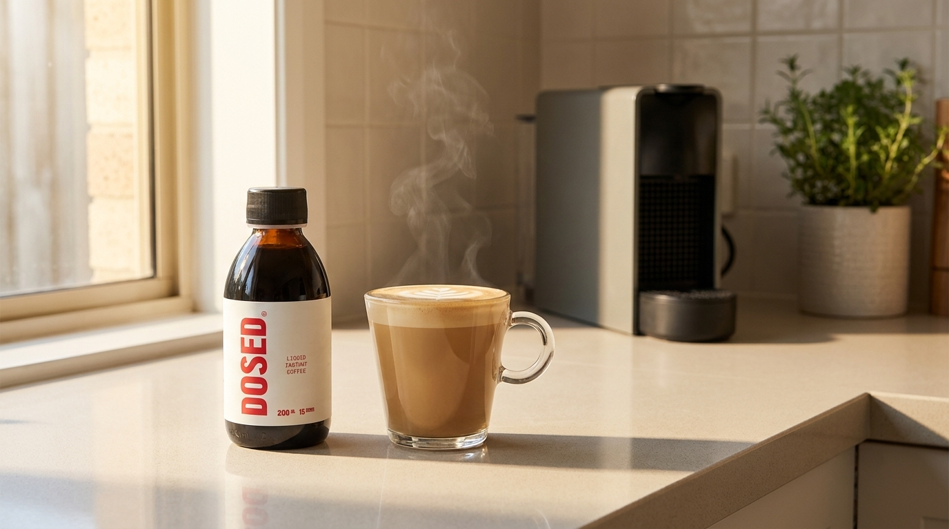 Dosed Melbourne-made coffee concentrate bottle beside a hot cafe latte on a kitchen benchtop, with a pod machine switched off in the background
