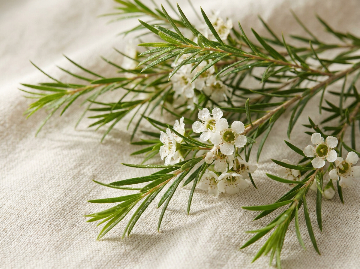 Fresh tea tree branches with green leaves and small white flowers on cream linen