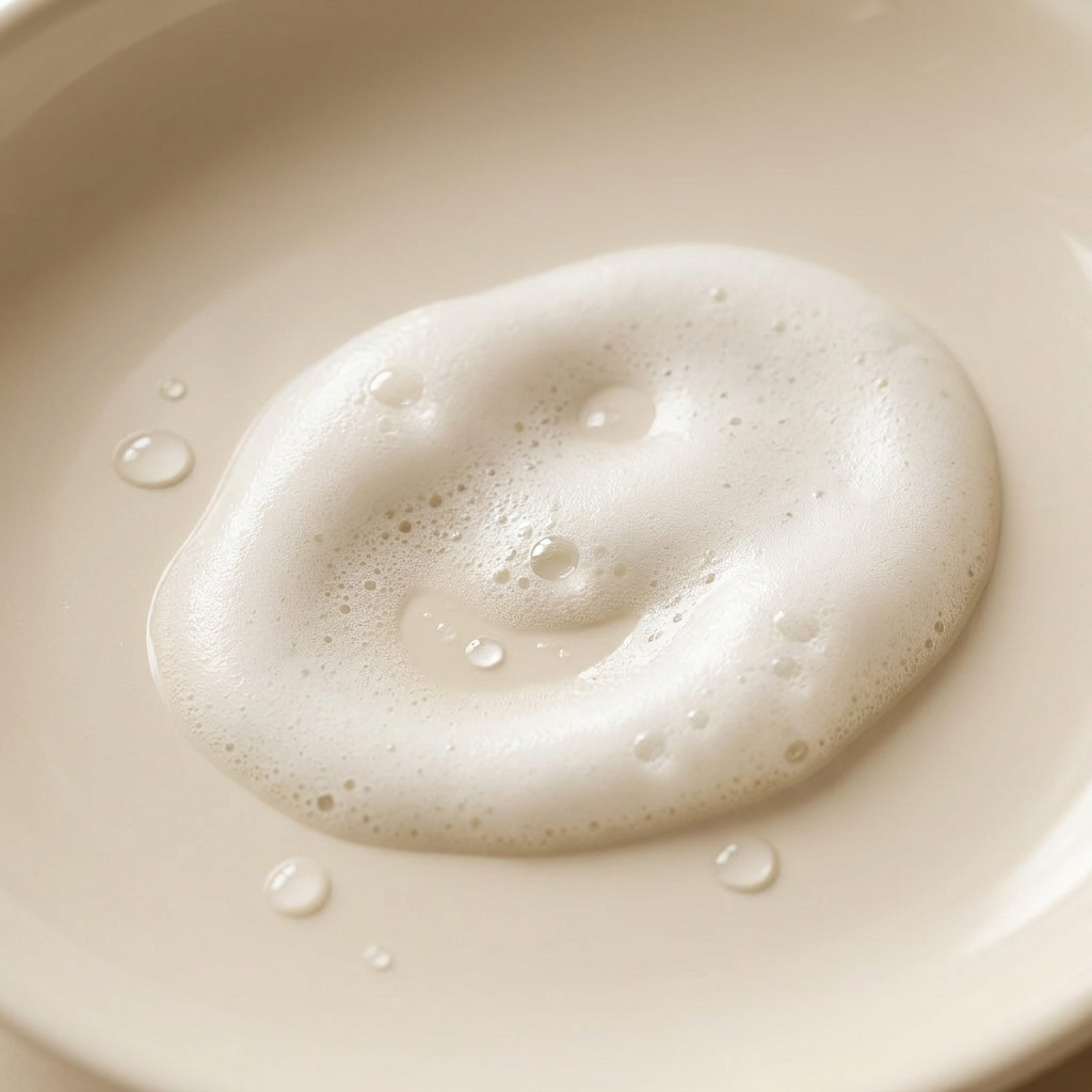 Close-up of rich creamy lather from Rexa tea tree body bar on a cream surface