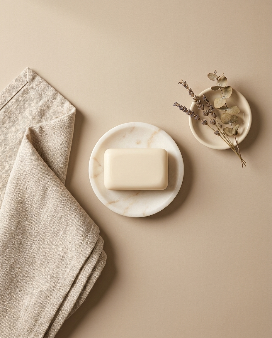 Minimalist bathroom shelf flat lay with Rexa soap on a marble dish, folded linen towel and dried botanicals