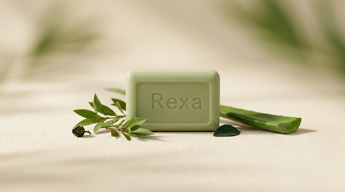 Sage-green Rexa natural tea tree body bar on warm cream background