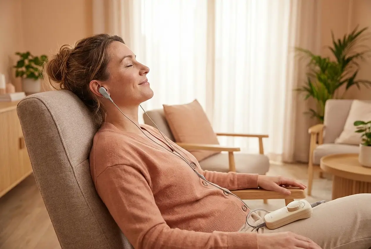 A relaxed patient using the Alpha-Stim device with ear-clip electrodes