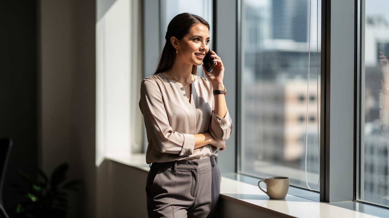 Young woman in business casual standing by window, speaking on smartphone, coffee cup on nearby windowsill (AI voice agents)