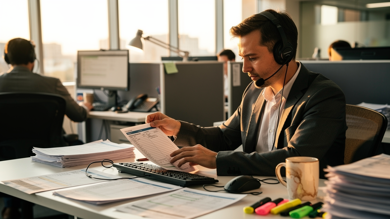 AI voice agents — Salesperson in open-plan office wearing headset, reviewing printed call sheets at cluttered desk, afternoon light