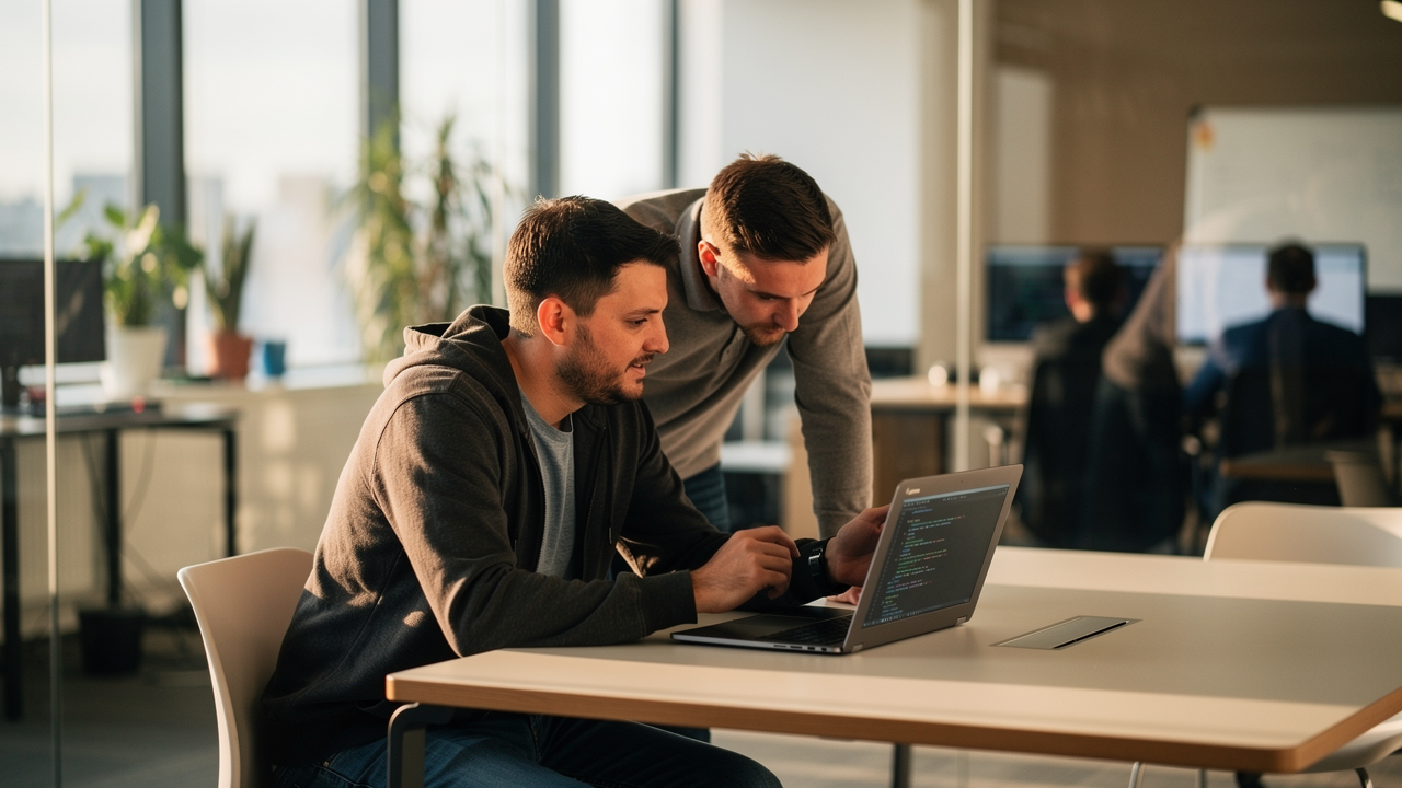 Two developers huddled around laptop in glass-walled conference room, pointing at screen, afternoon sunlight streaming in (RAG pipelines)