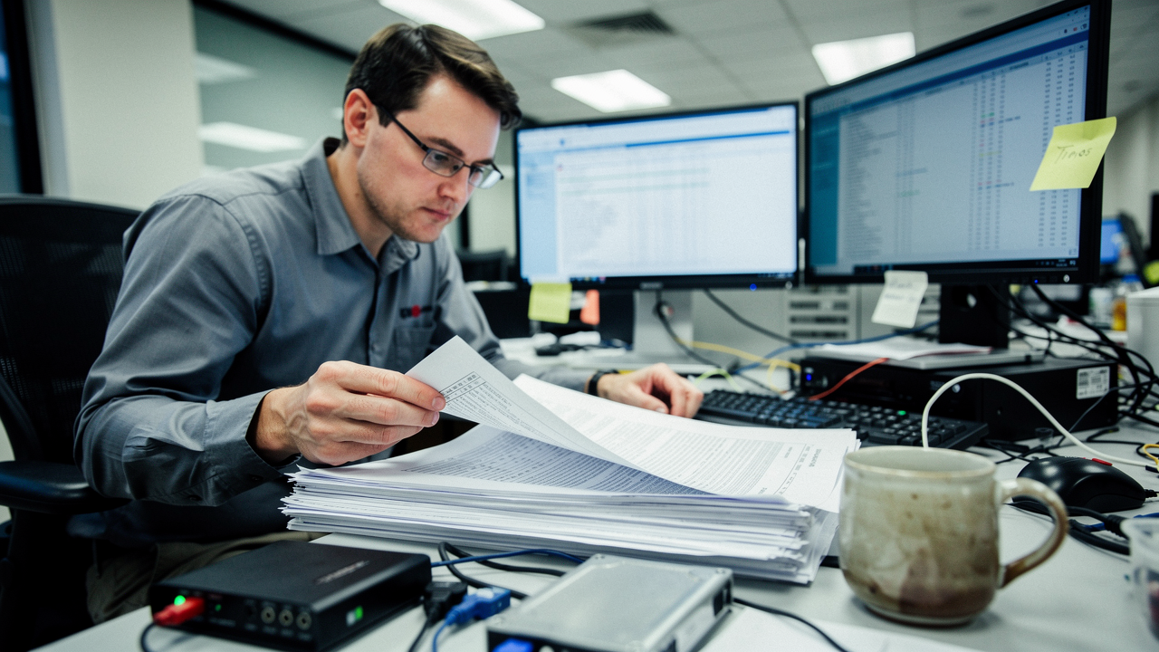RAG pipelines — Engineer at cluttered desk reviewing printed server logs, coffee mug nearby, fluorescent office lighting overhead