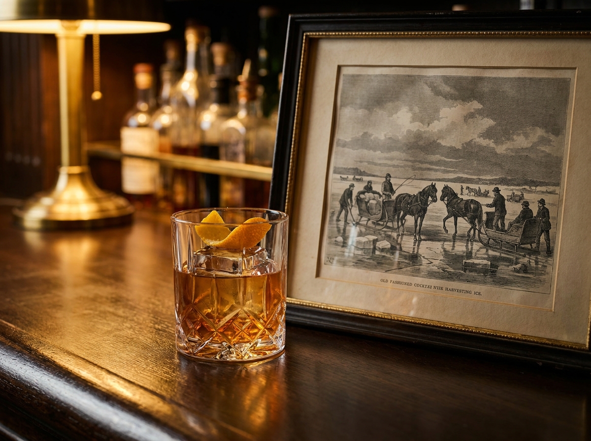Old Fashioned mit Klareis-Würfel neben historischem Stich der Eisernte