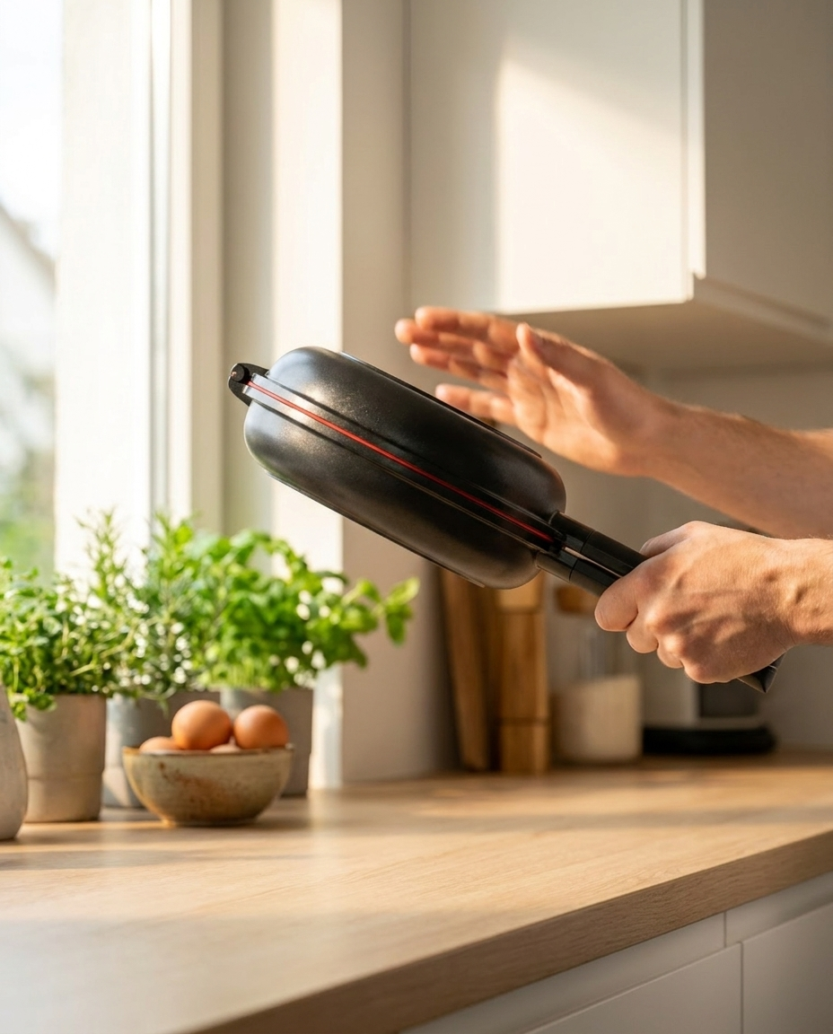 Mãos virando o DuploChef Pro fechado em cozinha clara