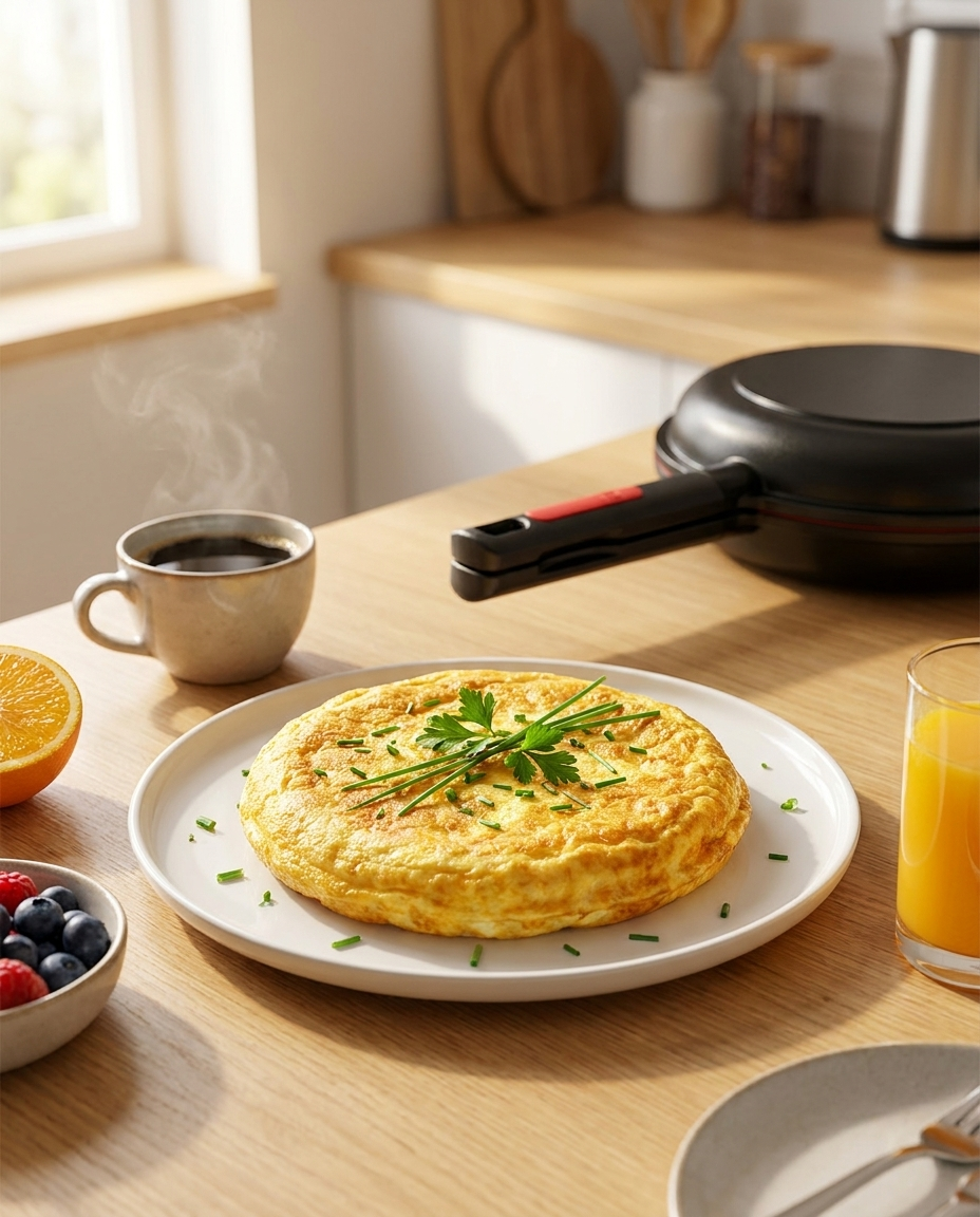 Omelete dourada perfeita servida no café da manhã com DuploChef Pro