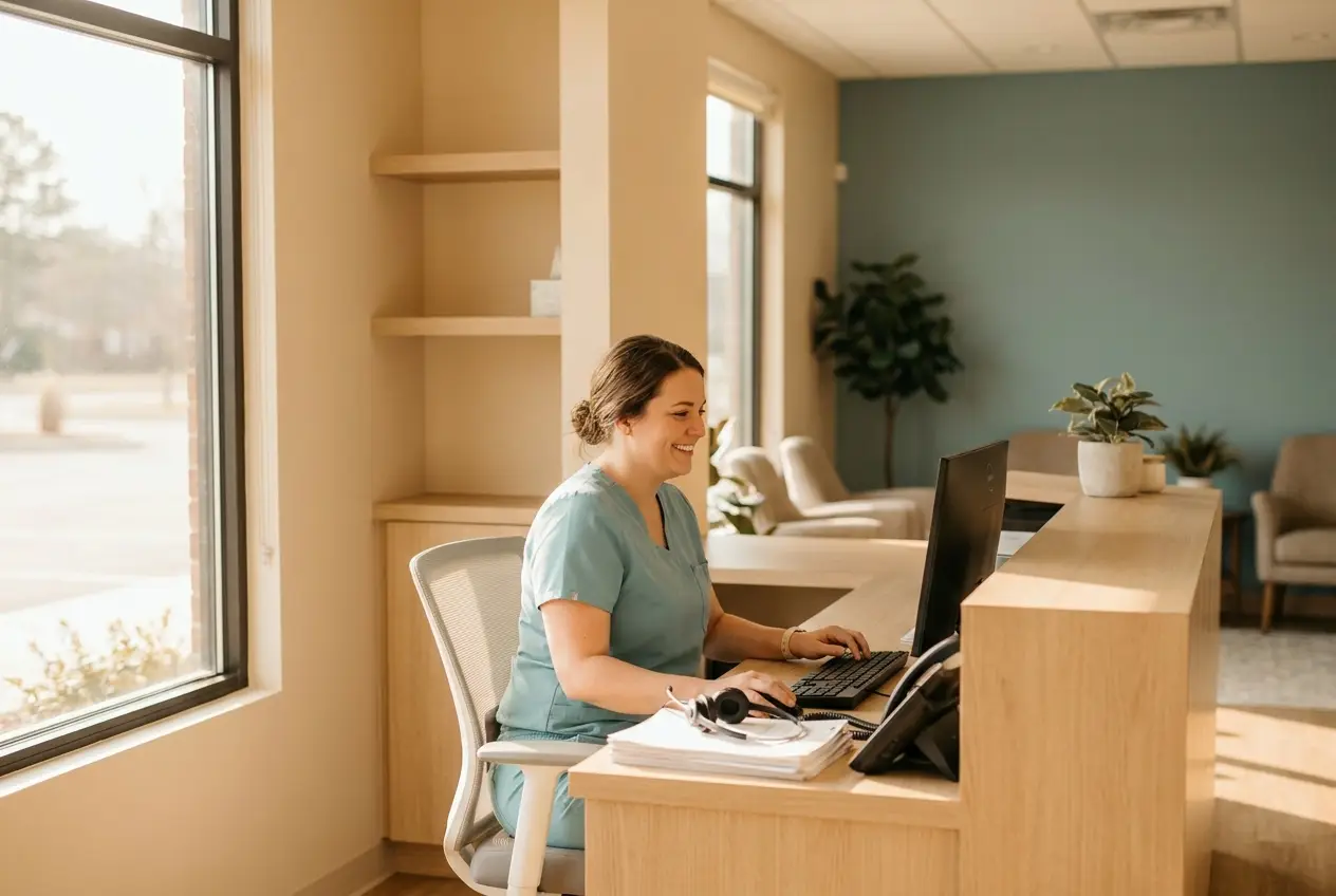 Medical office receptionist at a front desk