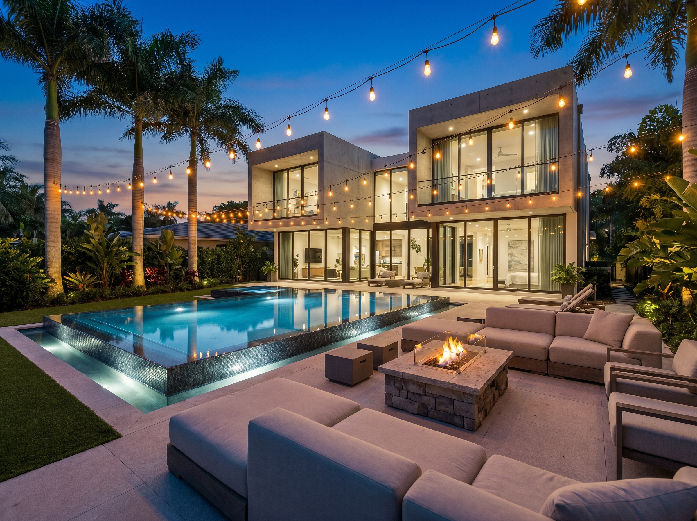 Home with pool and patio at dusk