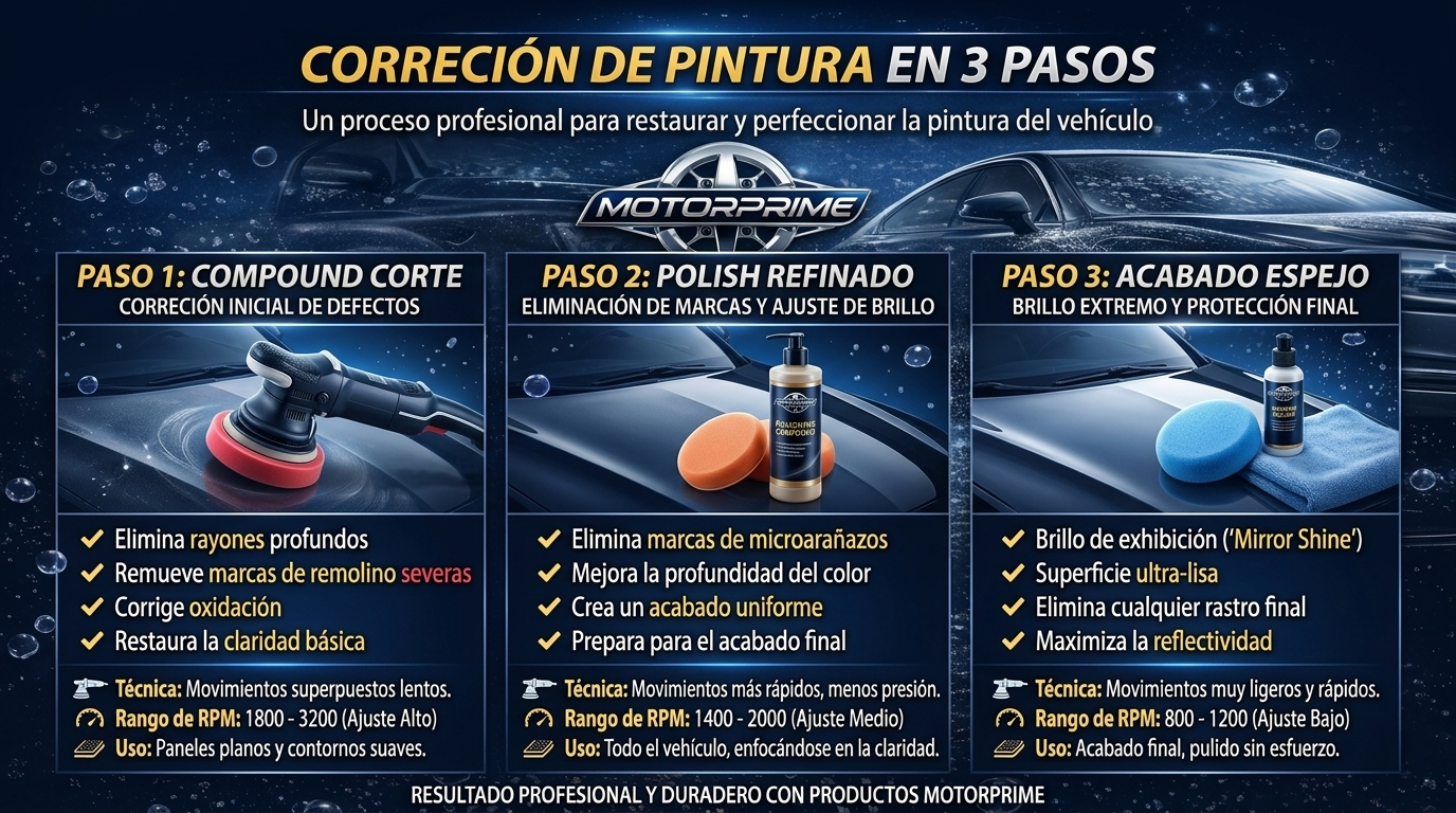 Infografía CORRECCIÓN DE PINTURA EN 3 PASOS MotorPrimeCare