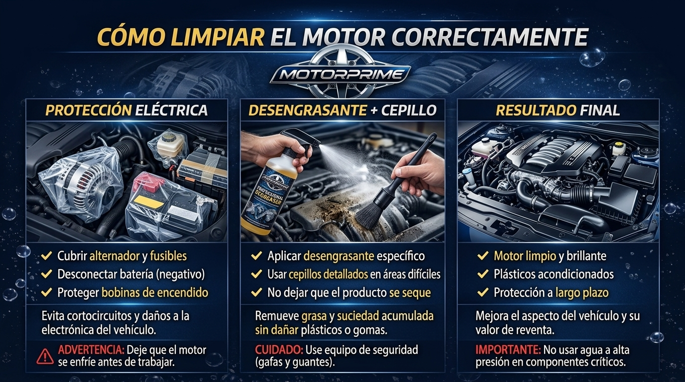 Infografía CÓMO LIMPIAR EL MOTOR CORRECTAMENTE MotorPrimeCare