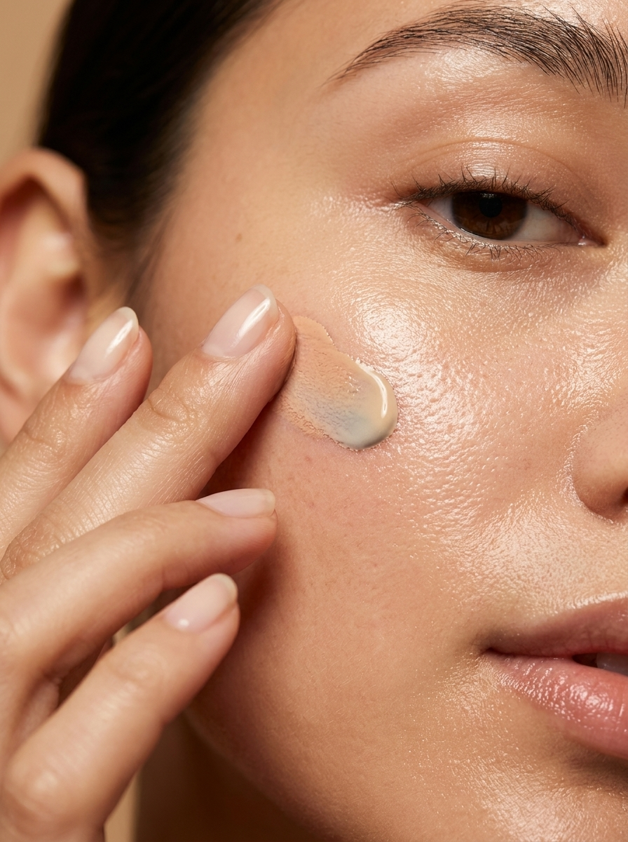 Close-up van CC Tinted Serum die wordt ingeklopt op de wang, met zichtbare kleurovergang