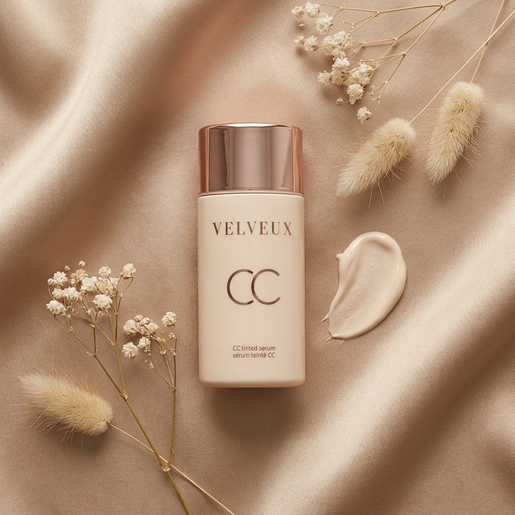 Velveux CC Tinted Serum op een beige achtergrond met crèmetextuur