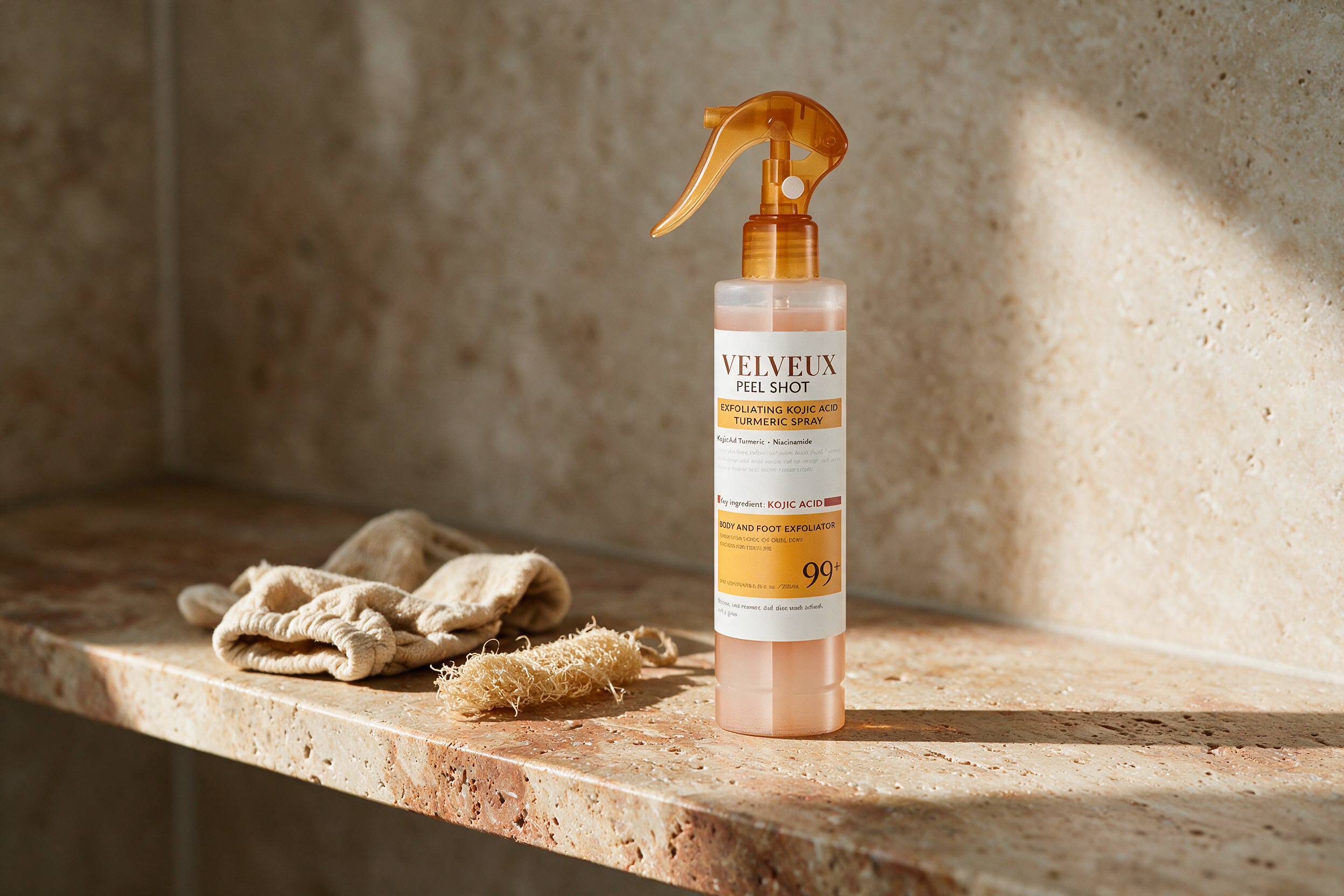 Een fles Velveux Keratin Peelshot op een badkamerplank, naast een opzijgeschoven scrubhandschoen en loofah