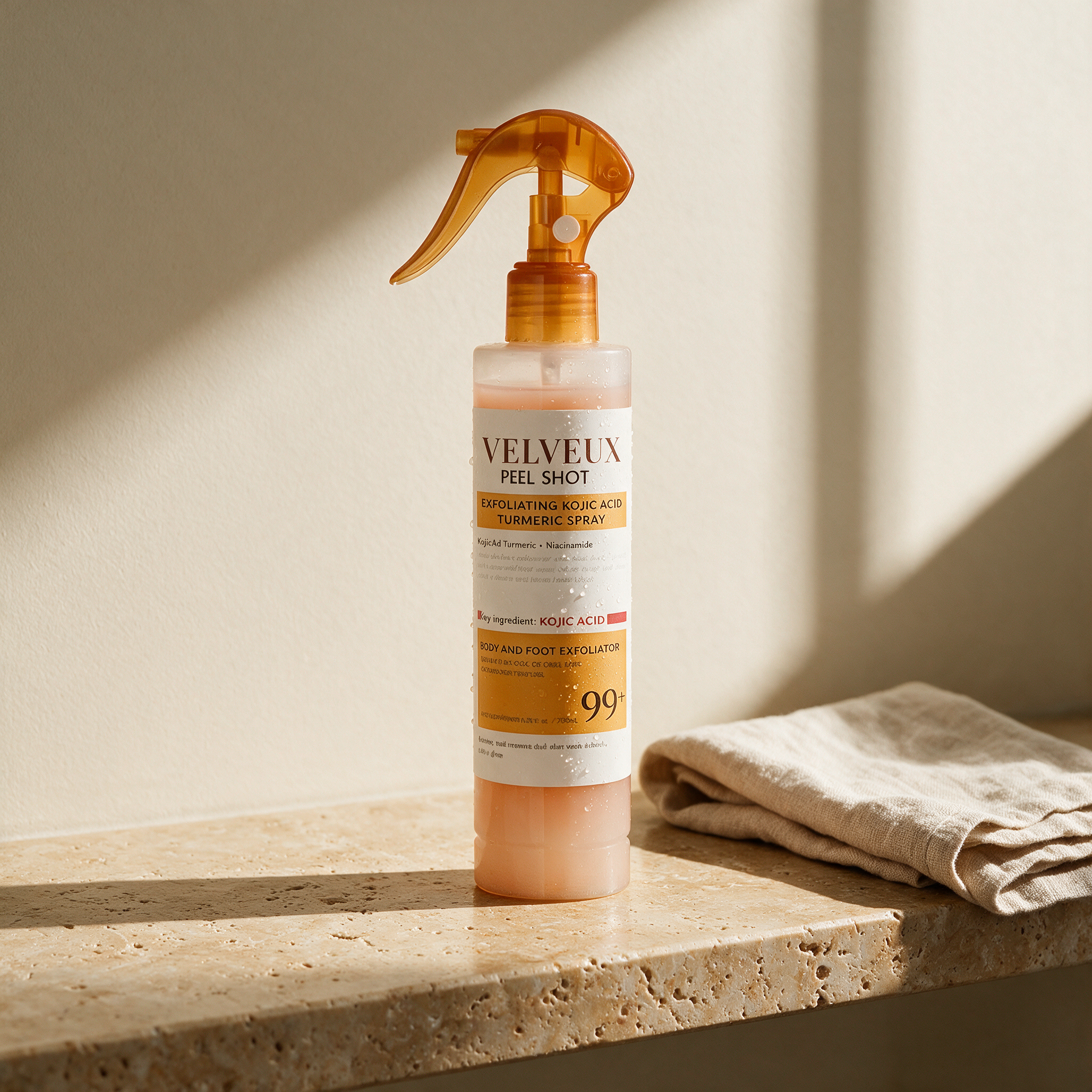 De Velveux Keratin Peelshot op een travertijnen badkamerplank met linnen doek