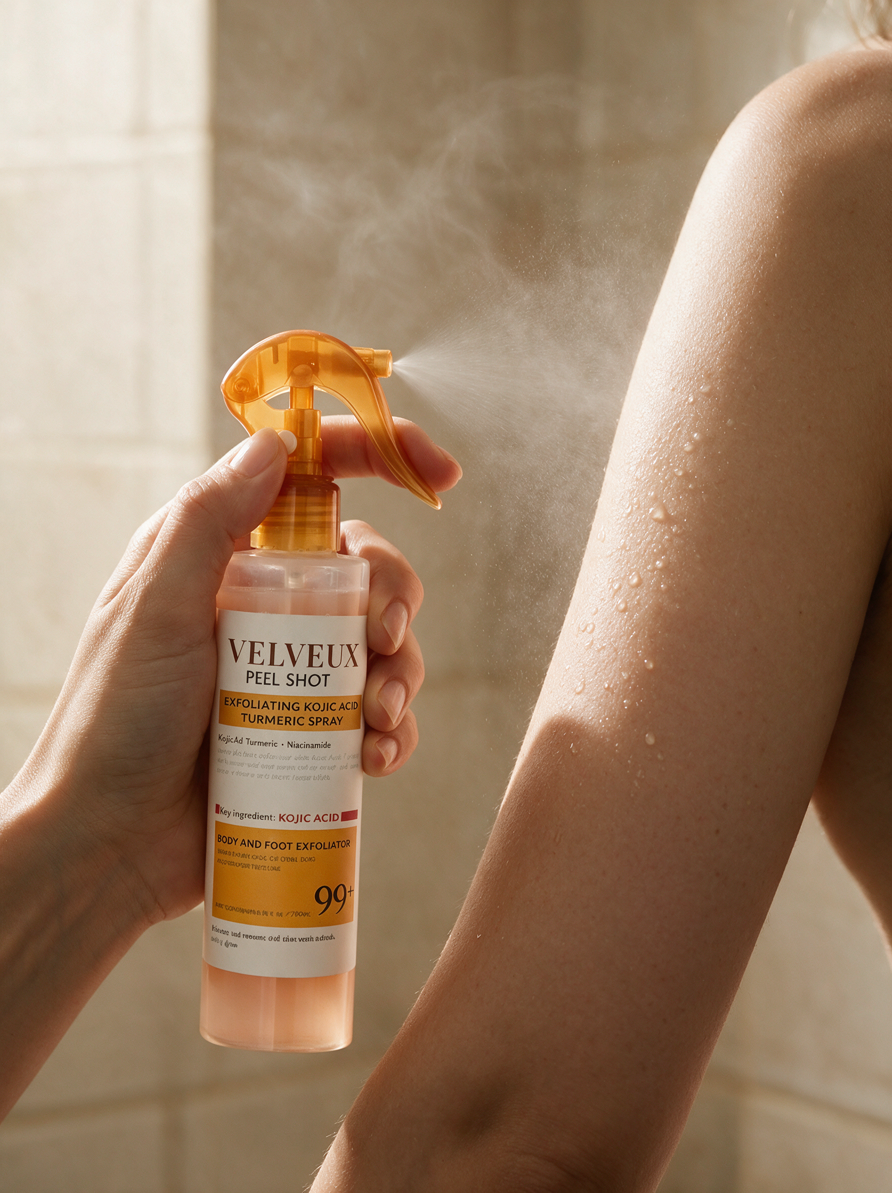 Vrouw sprayt de Velveux Keratin Peelshot op haar bovenarm onder de douche