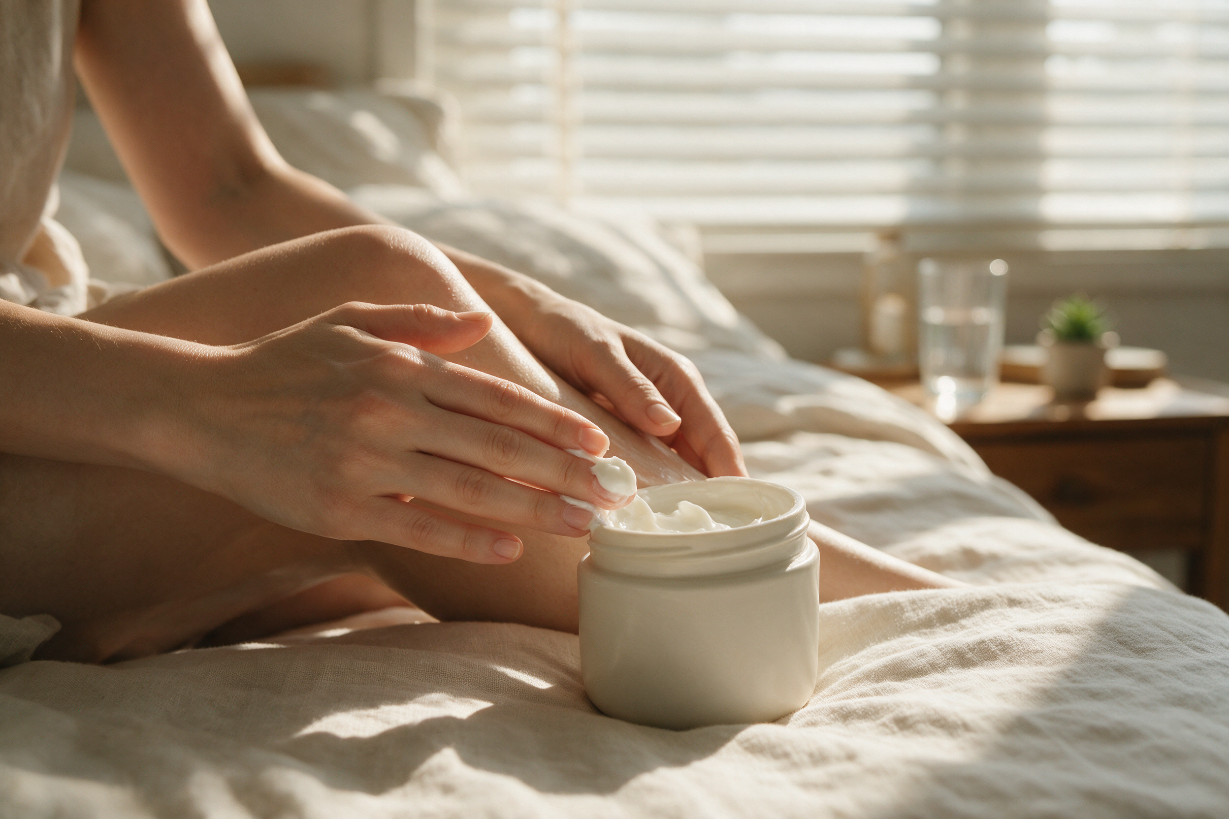 Handen brengen een dikke witte crème aan op een knie