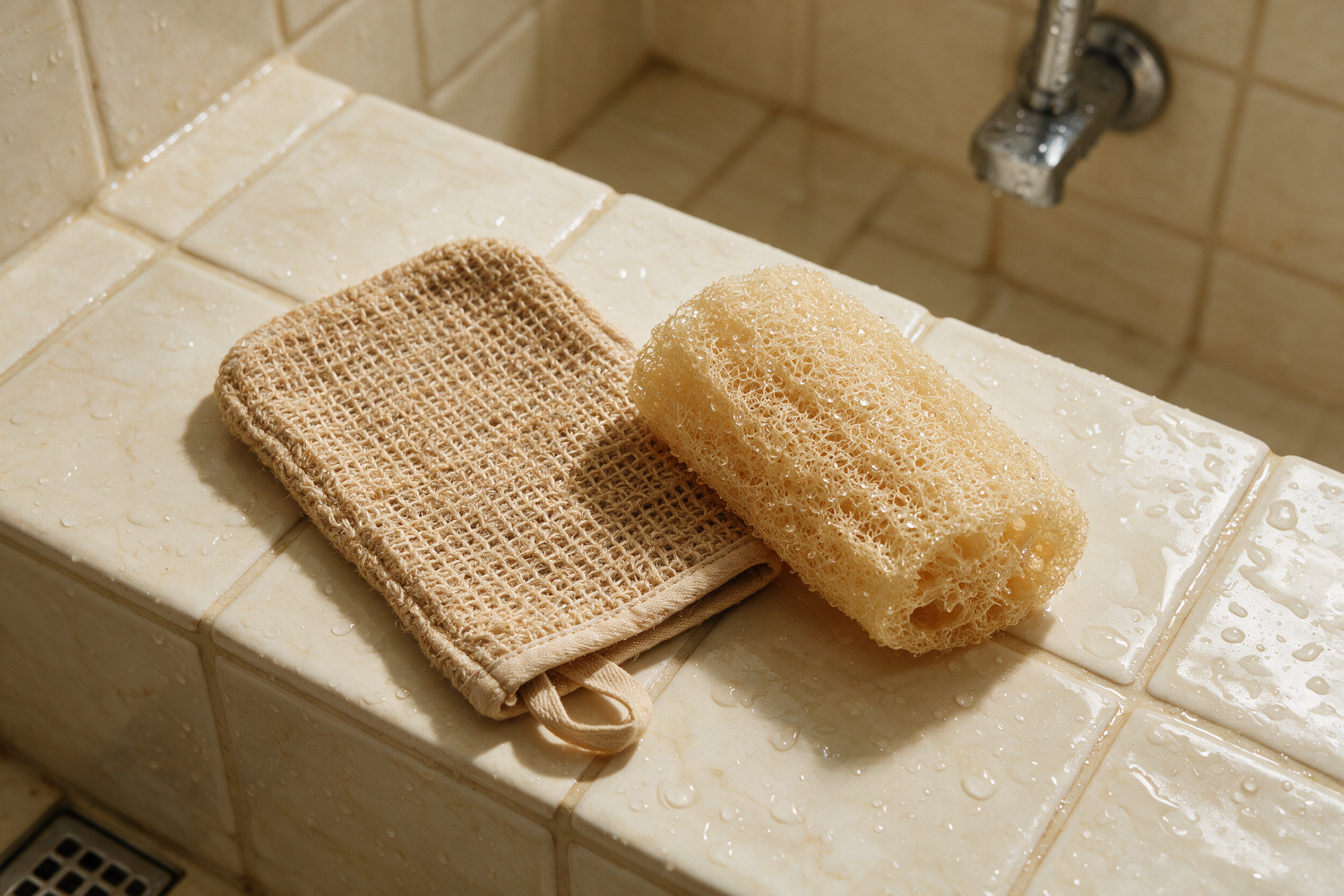 Scrubhandschoen en loofah op een natte crèmekleurige doucherand