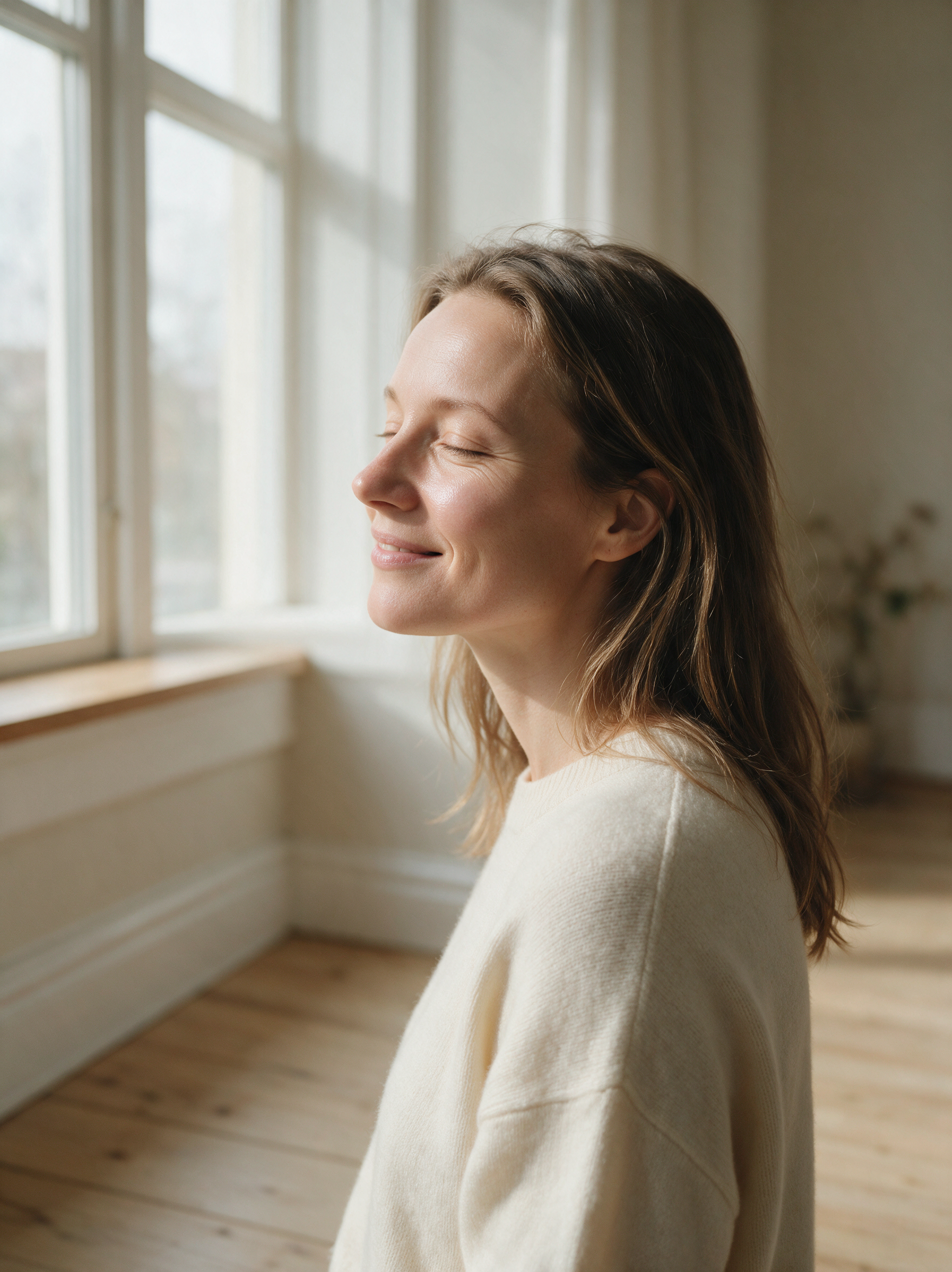 Vrouw begin veertig bij het raam in zacht ochtendlicht, zonder make-up, uitgeruste huid
