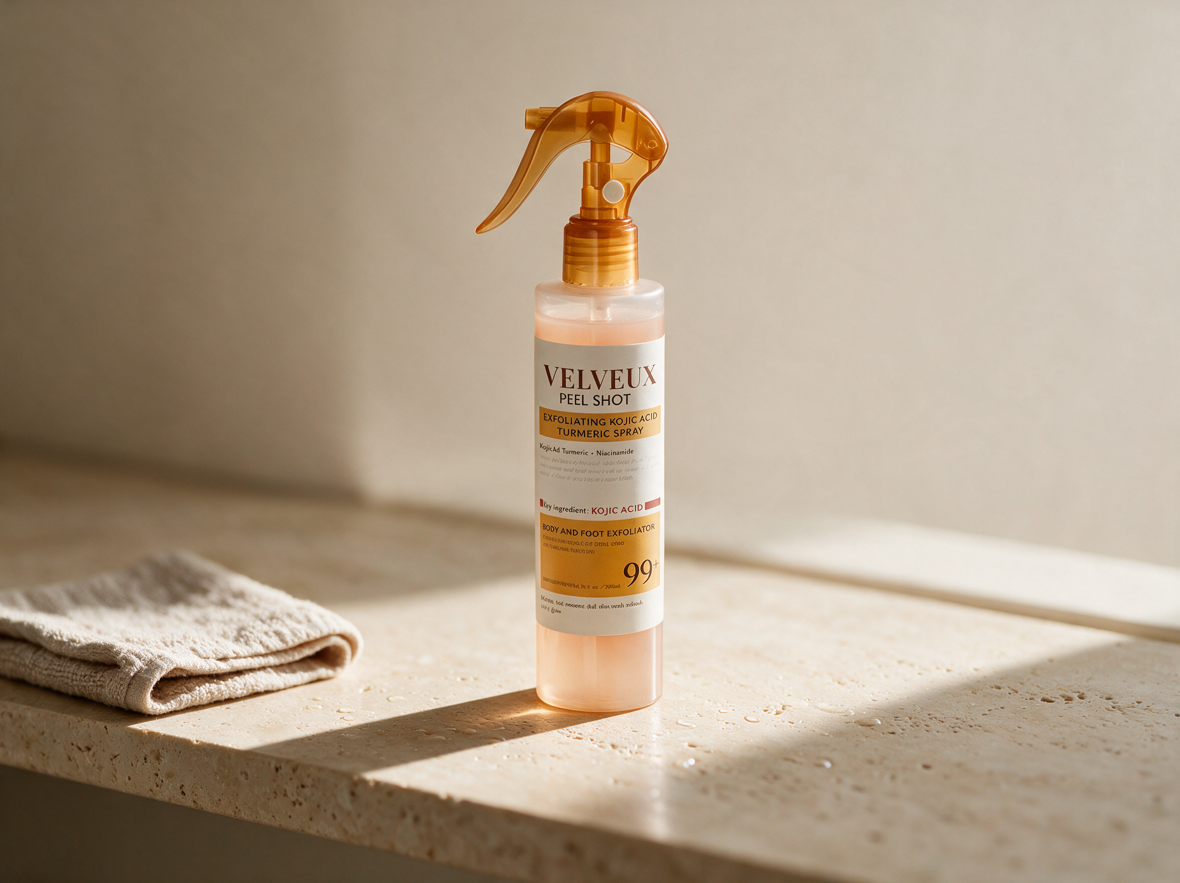 Velveux Keratin Peelshot op een badkamerplank