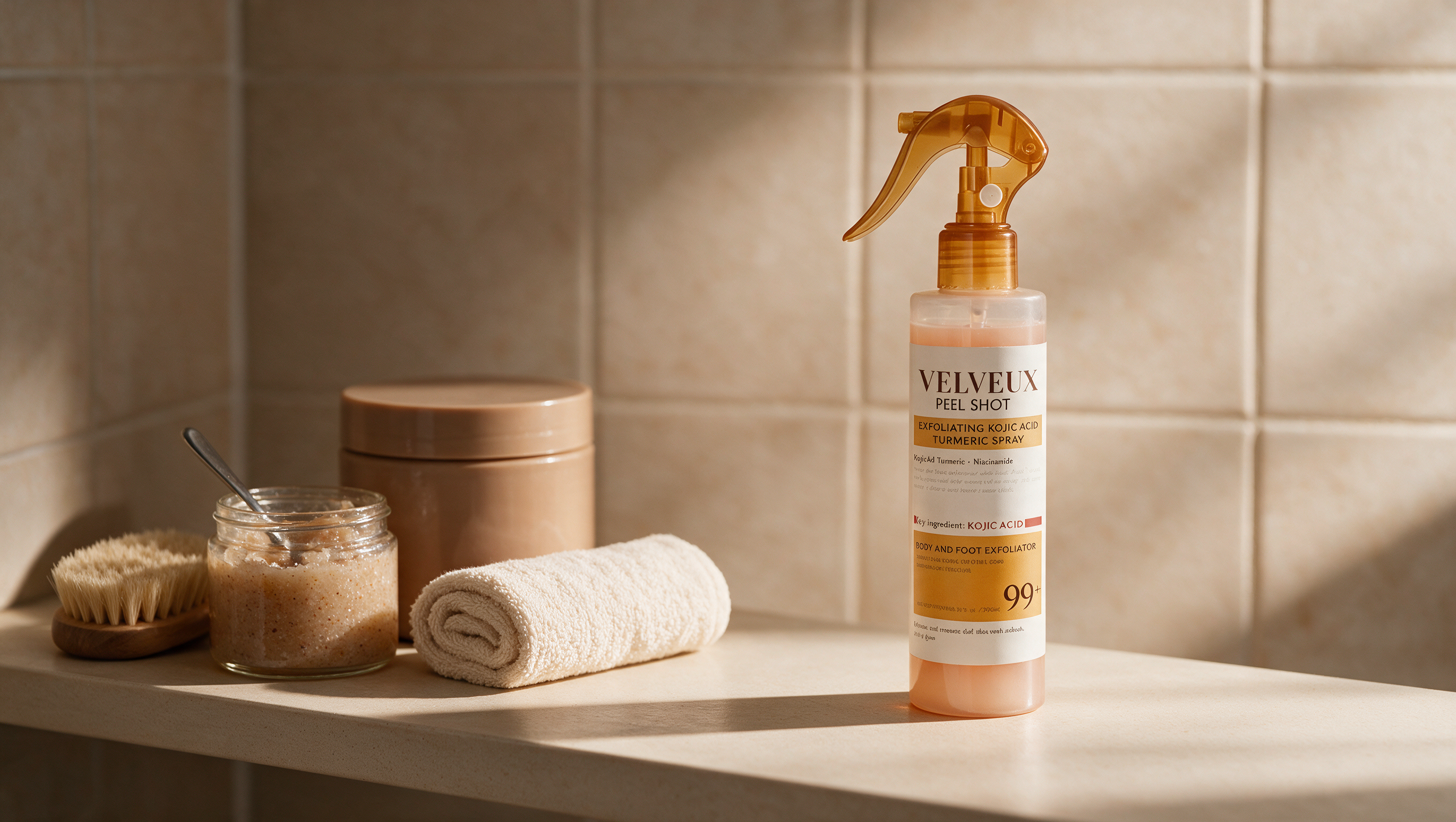 Badkamerplank met een scrubborstel, een pot scrub en een tub bodylotion links, en rechts één slanke spray
