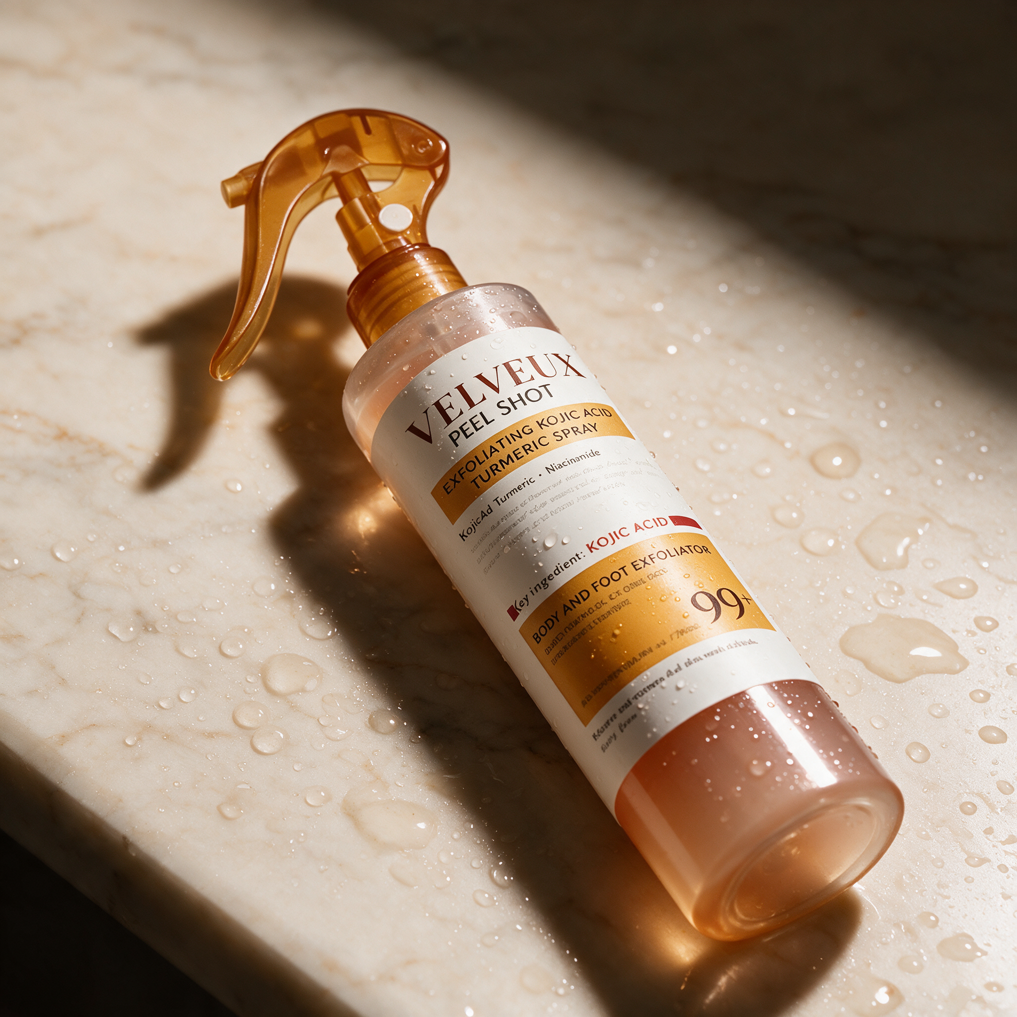 Close-up van de Velveux Keratin Peelshot met waterdruppels op marmer