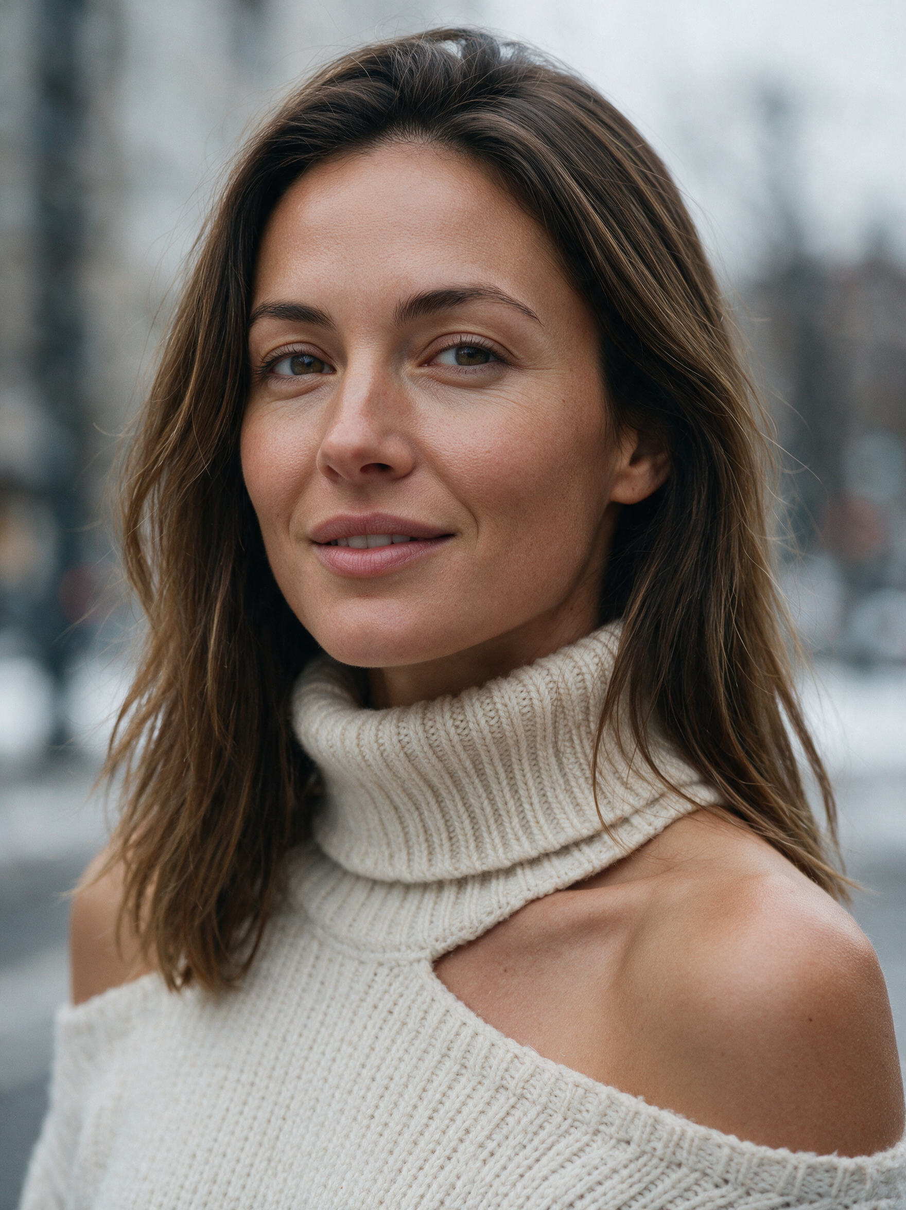 Vrouw met een gelijkmatige warme huidtint buiten op een grijze winterdag