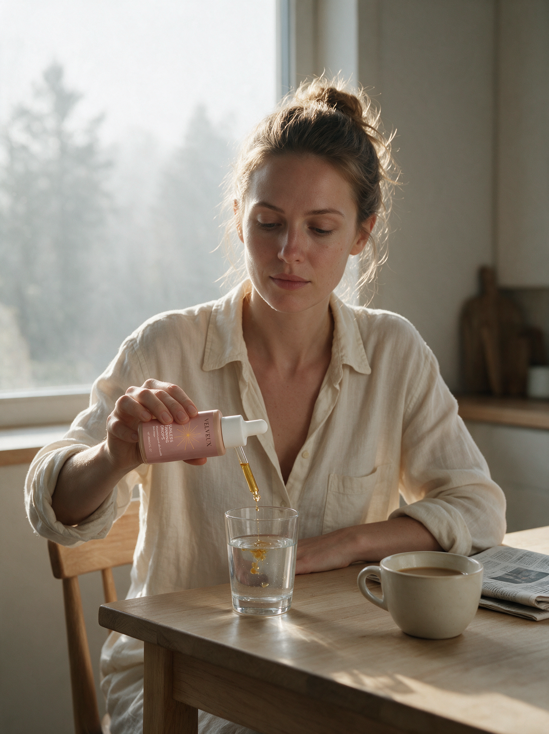 Vrouw doet aan de ontbijttafel een paar druppels in een glas water