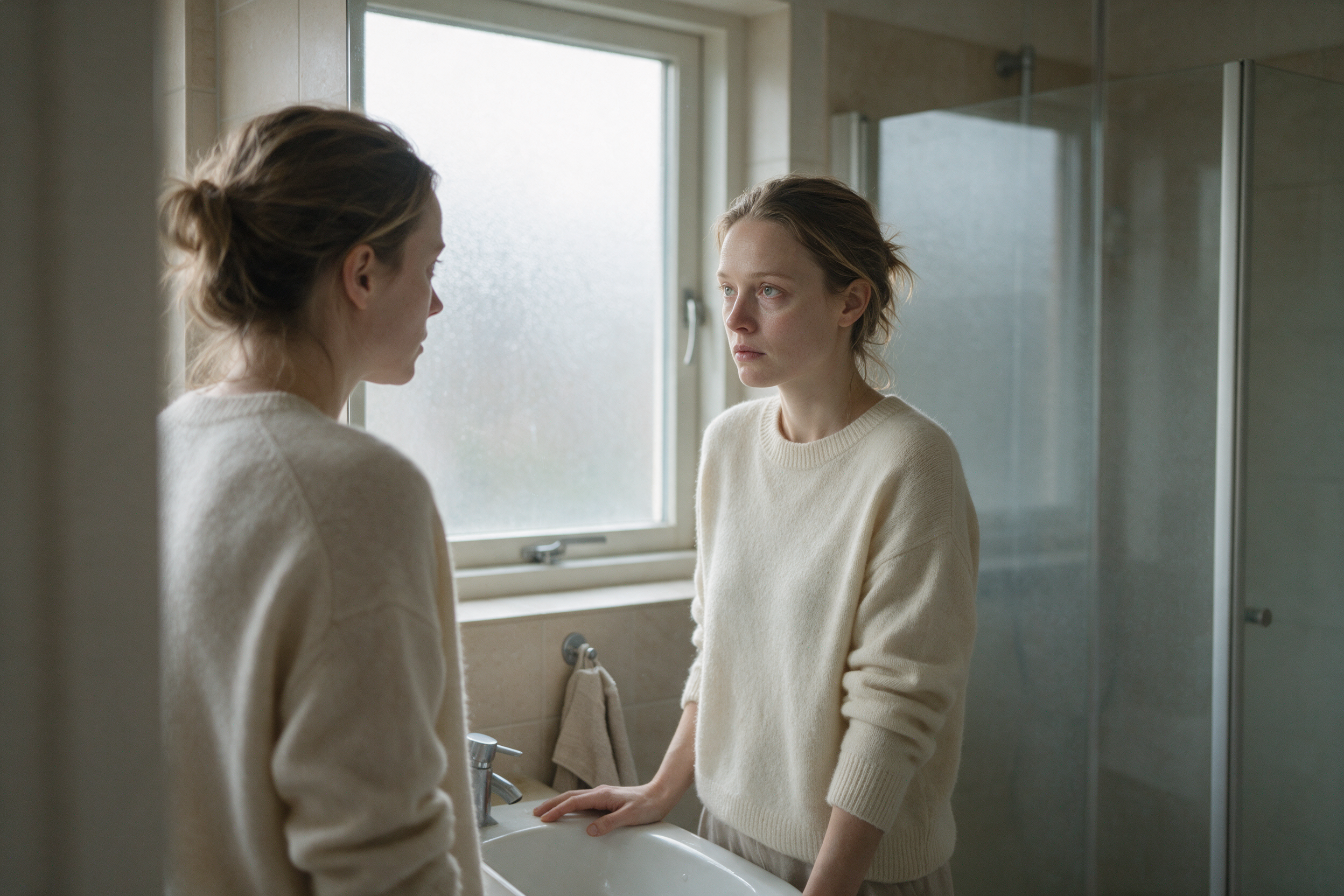 Vrouw kijkt in de badkamerspiegel bij grijs winterlicht, vale huid zonder make-up