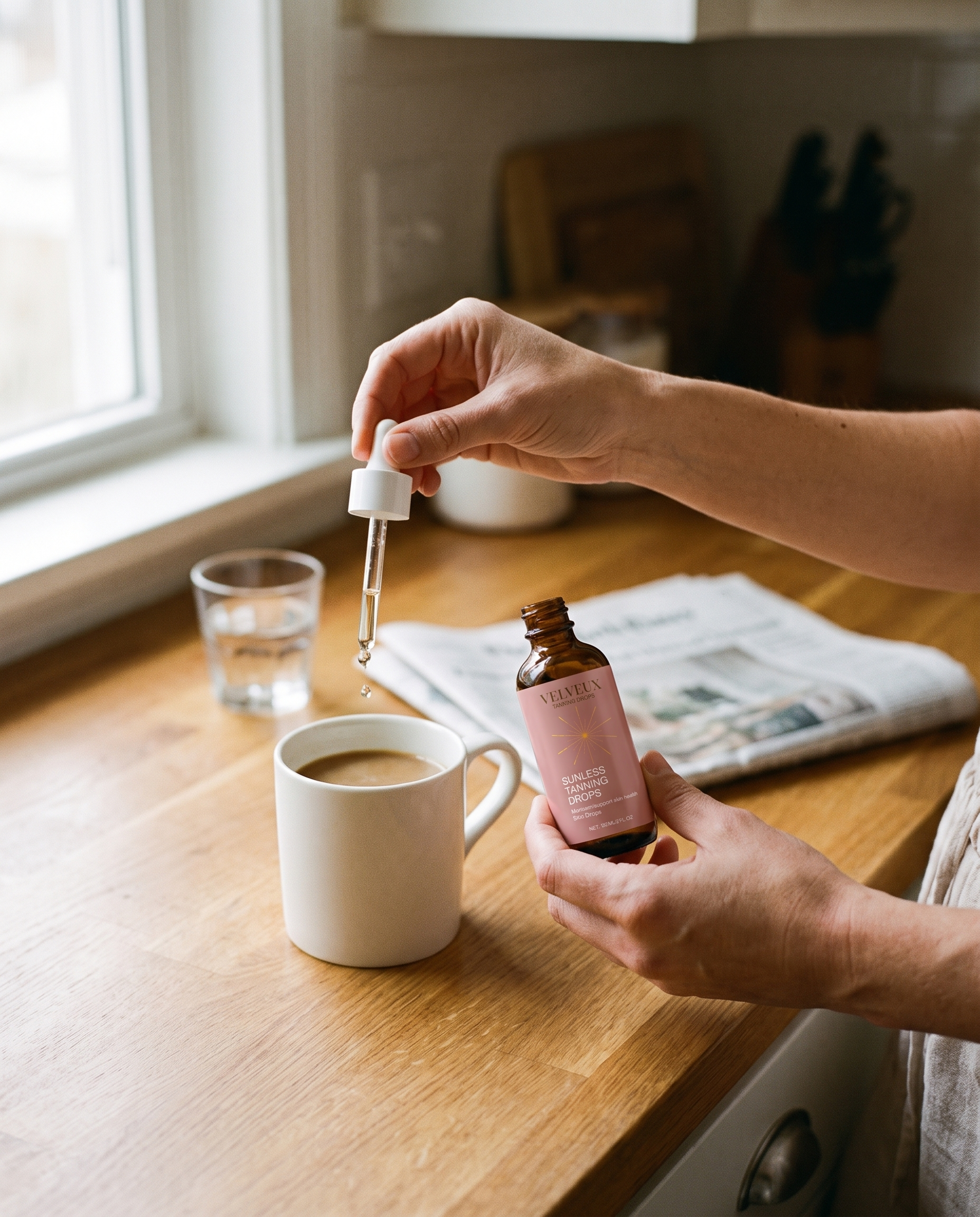Vrouw doseert de druppels boven een kop koffie in de ochtend