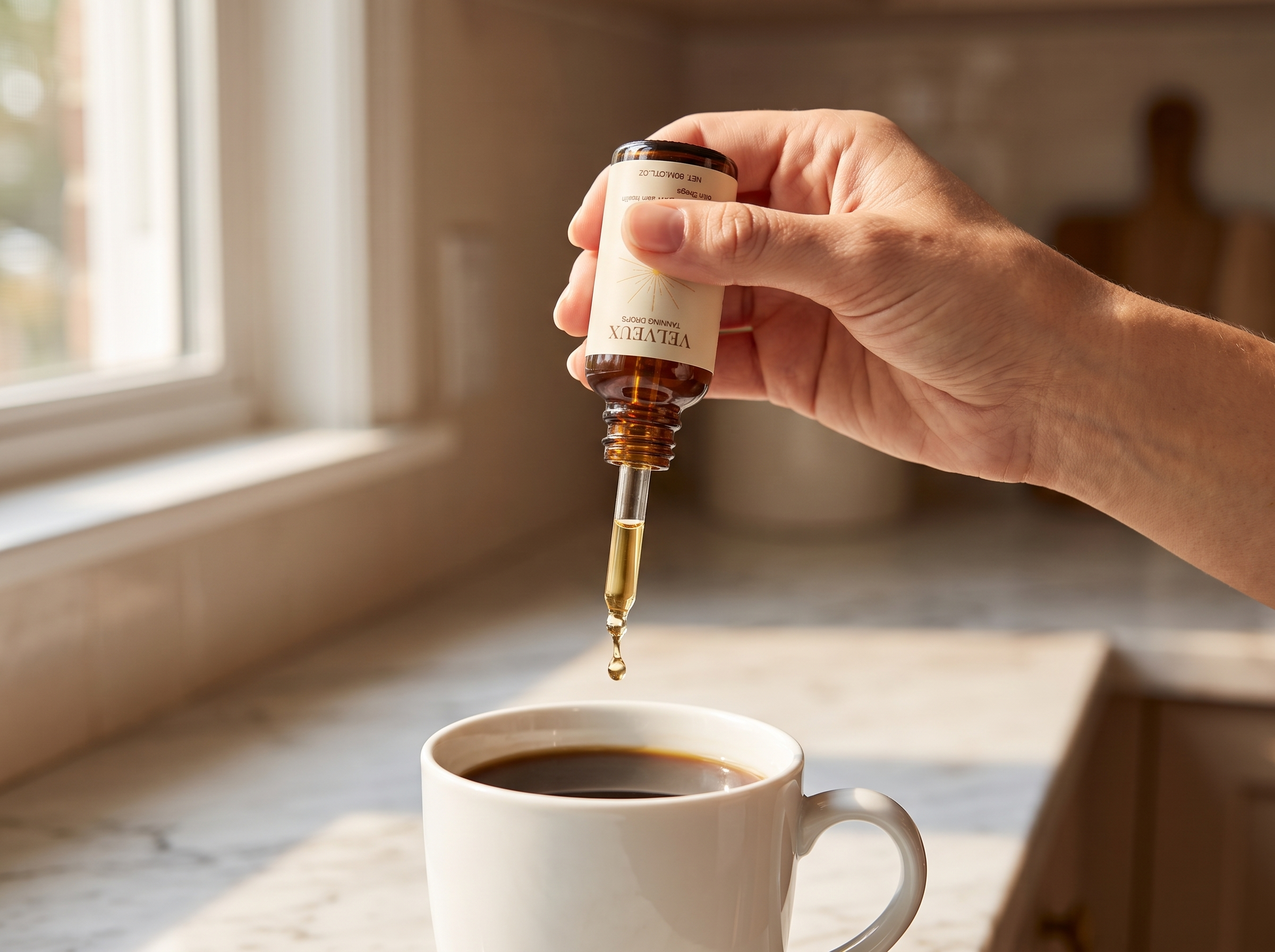 Een druppel uit de pipet valt in een kop koffie op het aanrecht