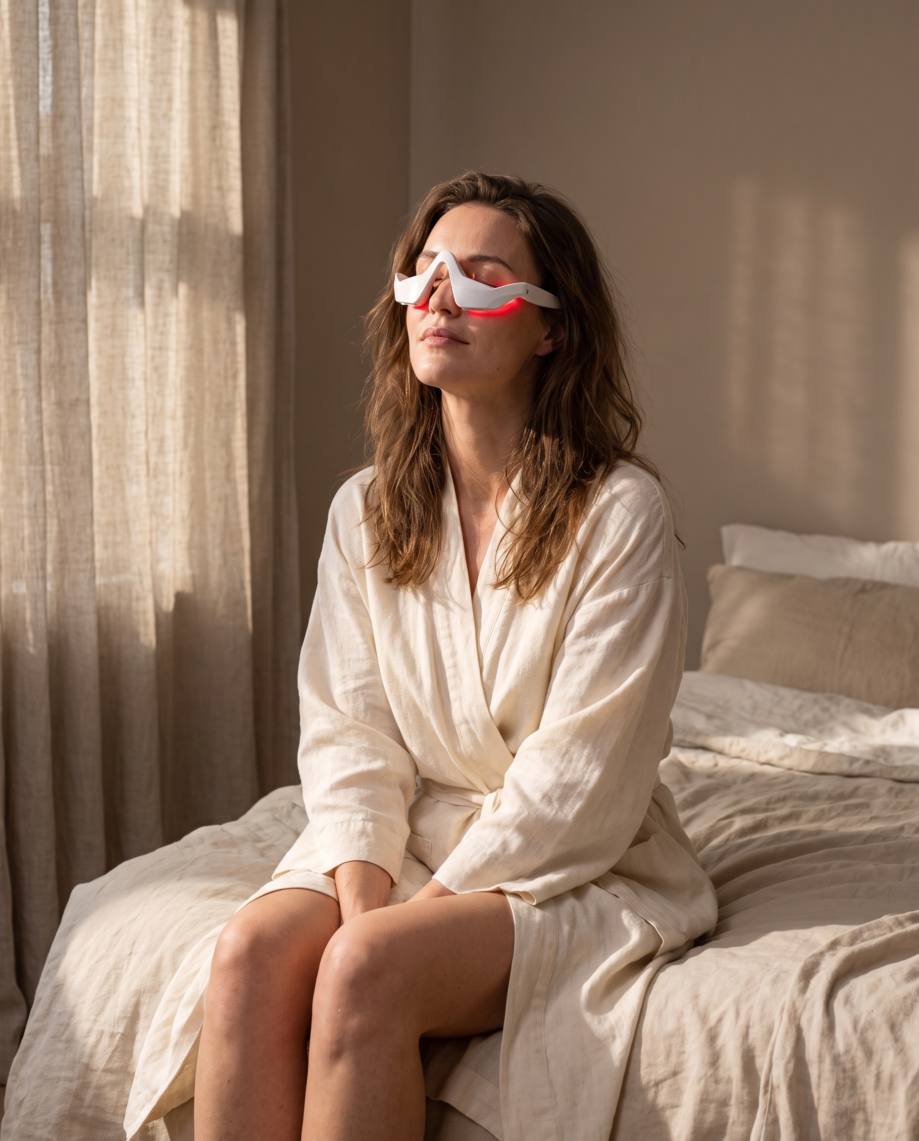 Vrouw met de Velveux Oog Massager over haar ogen, zittend op de rand van haar bed in het ochtendlicht