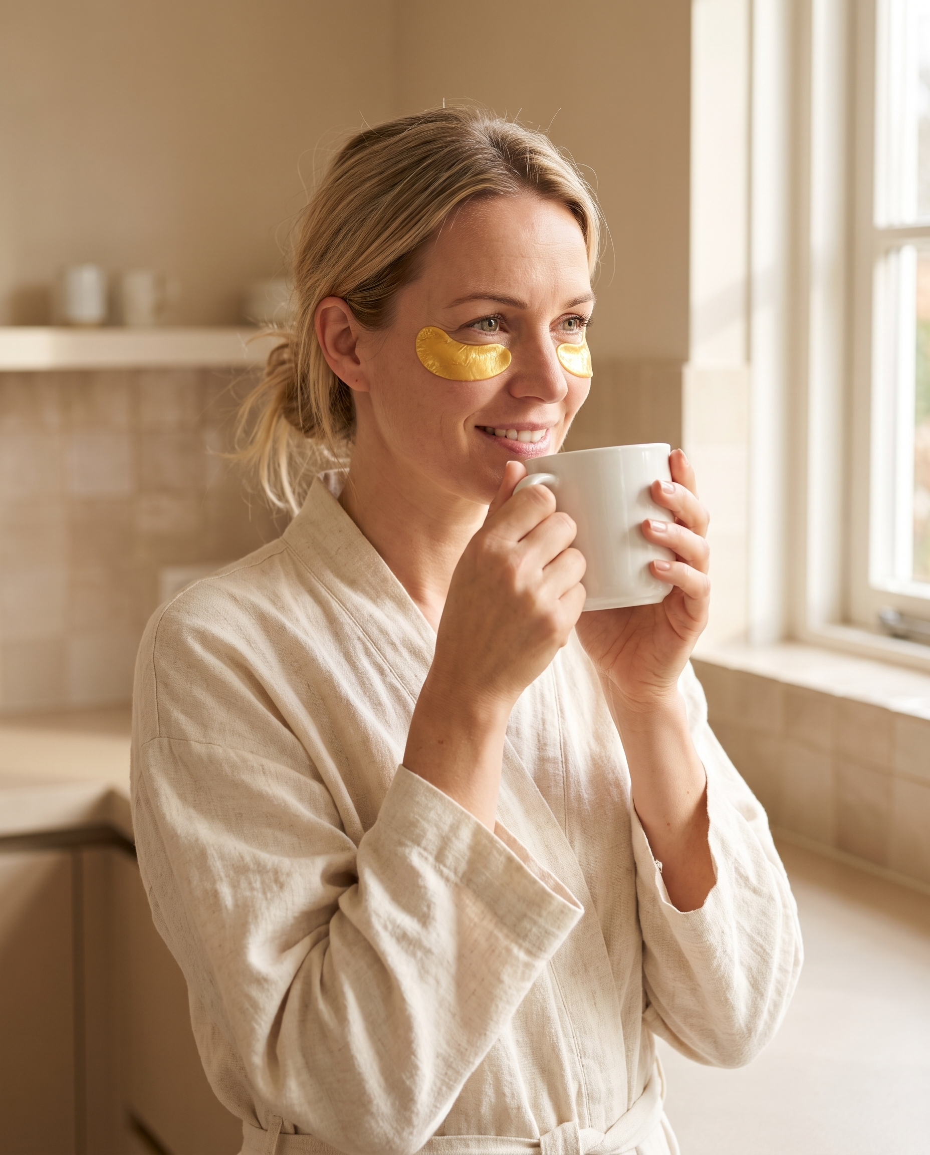 Vrouw met gouden collageen oogmaskers onder haar ogen, koffie in de hand
