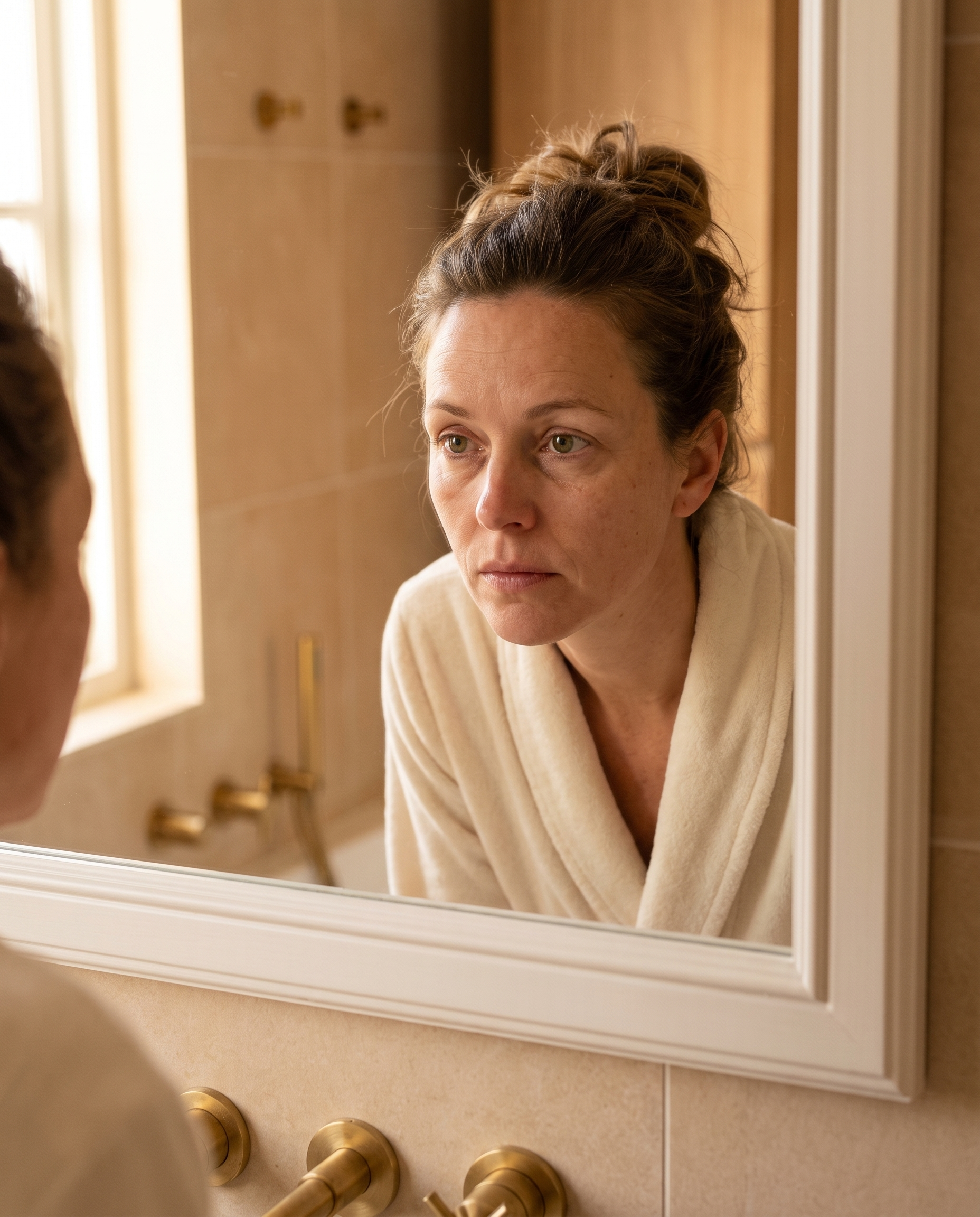 Vrouw kijkt 's ochtends in de badkamerspiegel naar de huid onder haar ogen