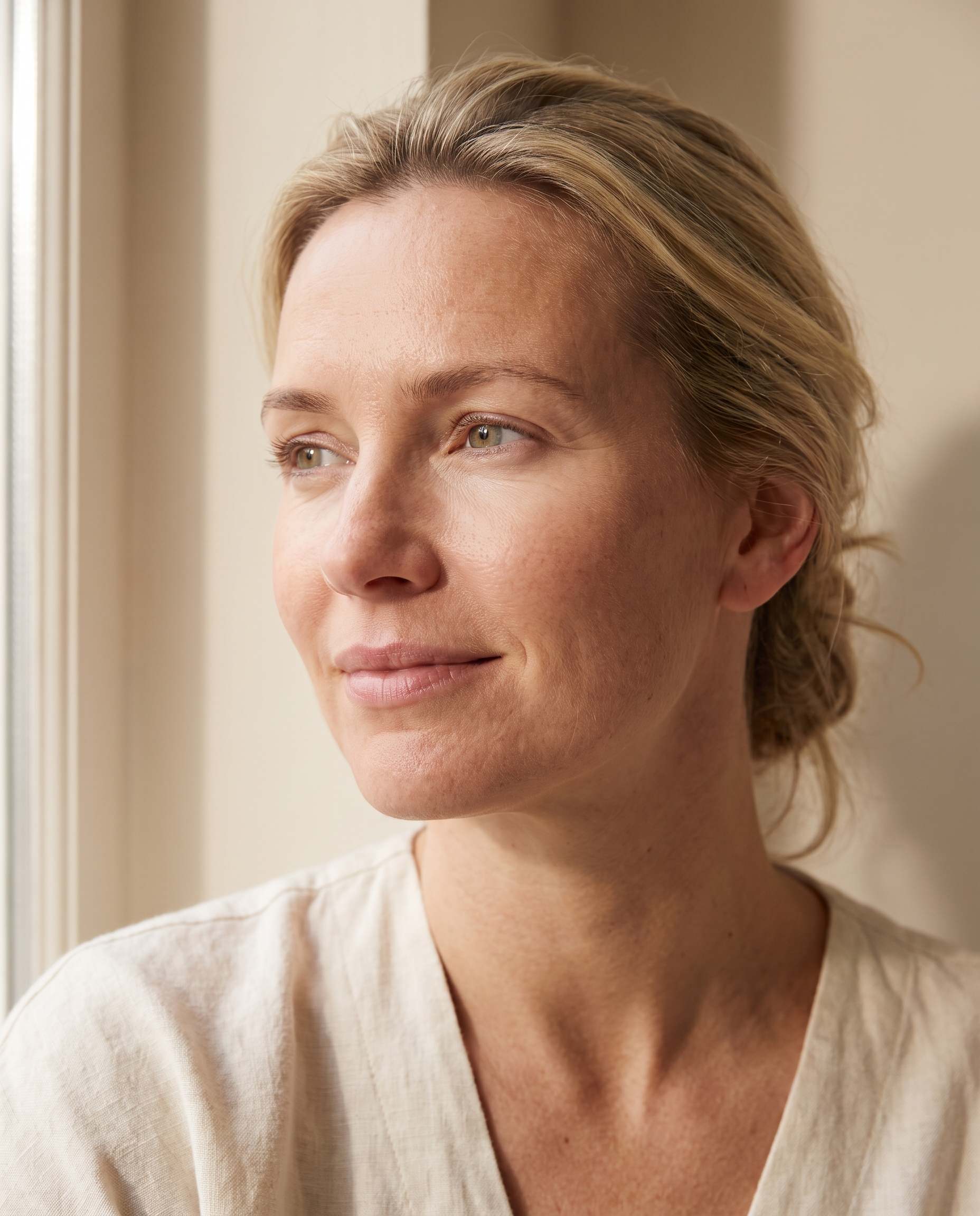 Vrouw kijkt uitgerust en ontspannen naar het licht bij het raam