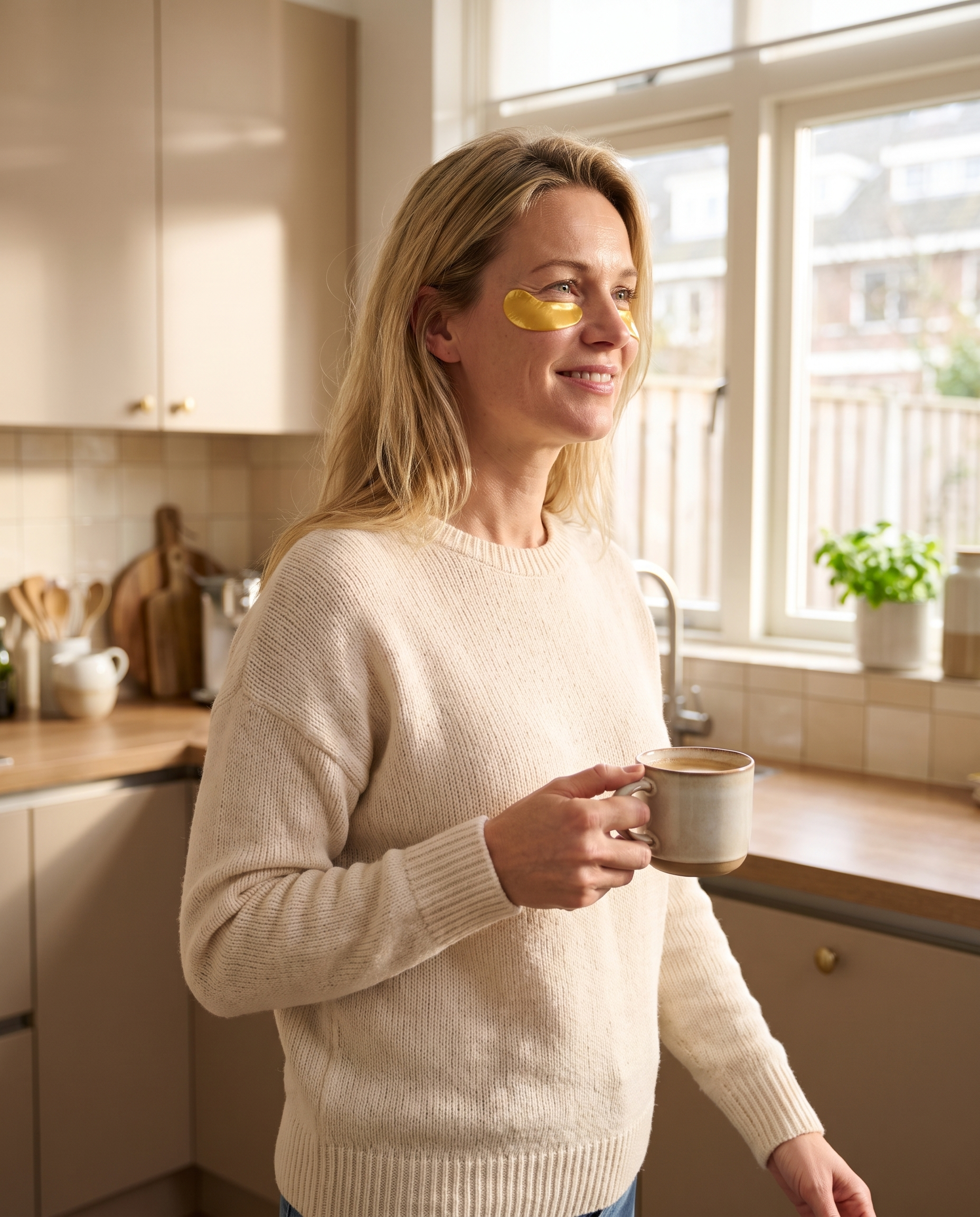 Vrouw met de gouden collageen-oogmaskers onder haar ogen terwijl ze koffie zet