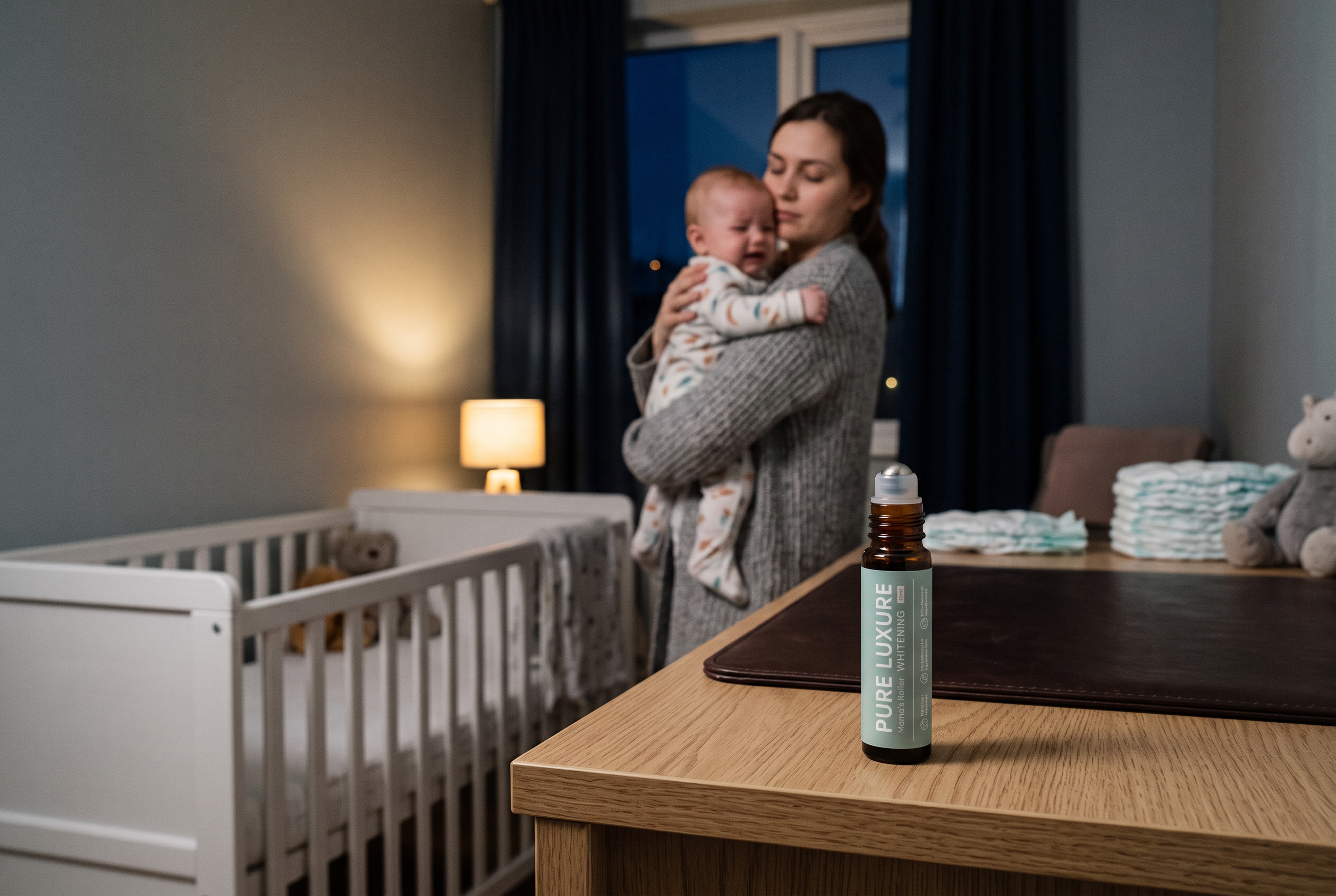 Moeder met haar baby op de arm in een schemerige kinderkamer 's nachts