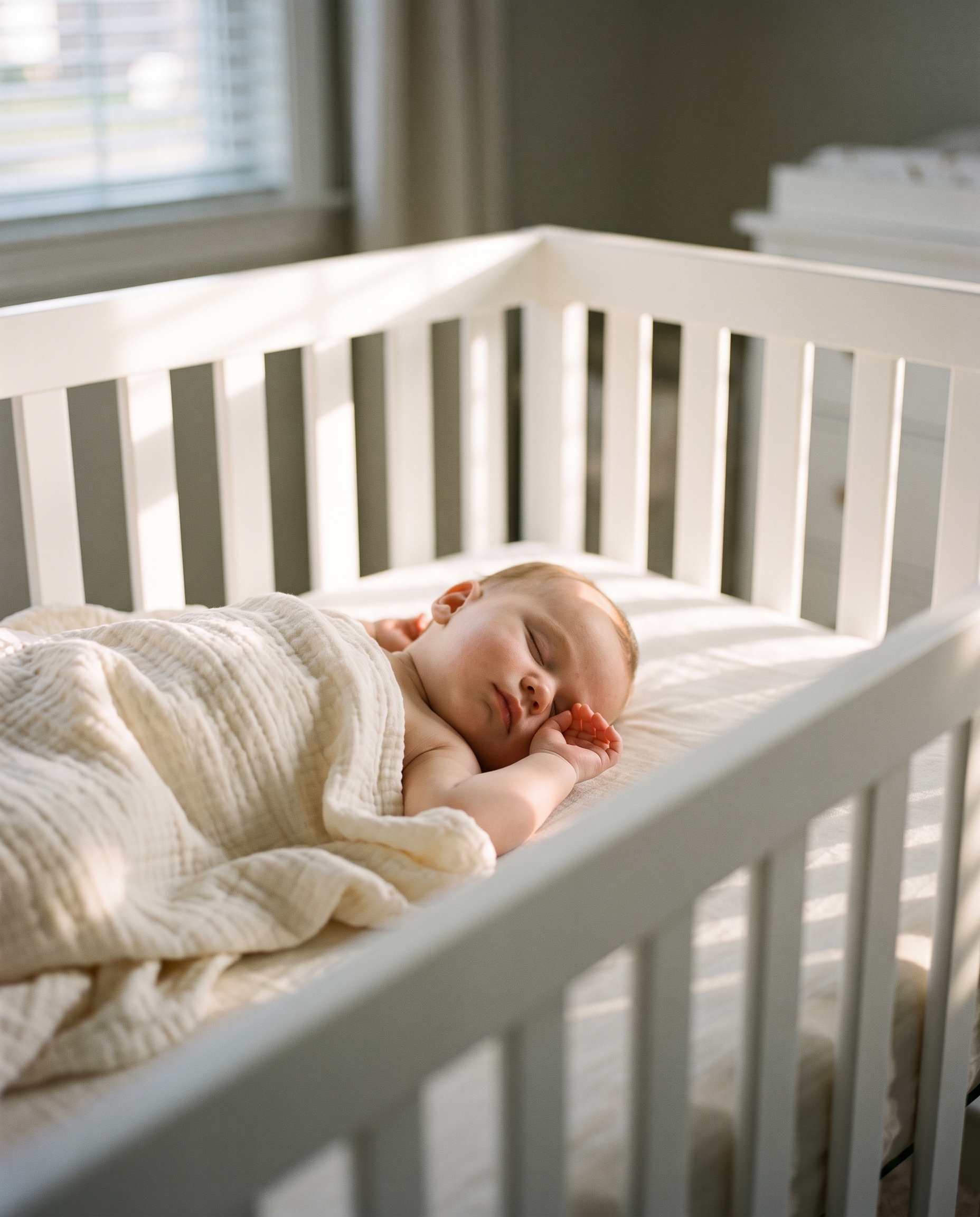 Rustig slapende baby in een wit ledikantje in het ochtendlicht