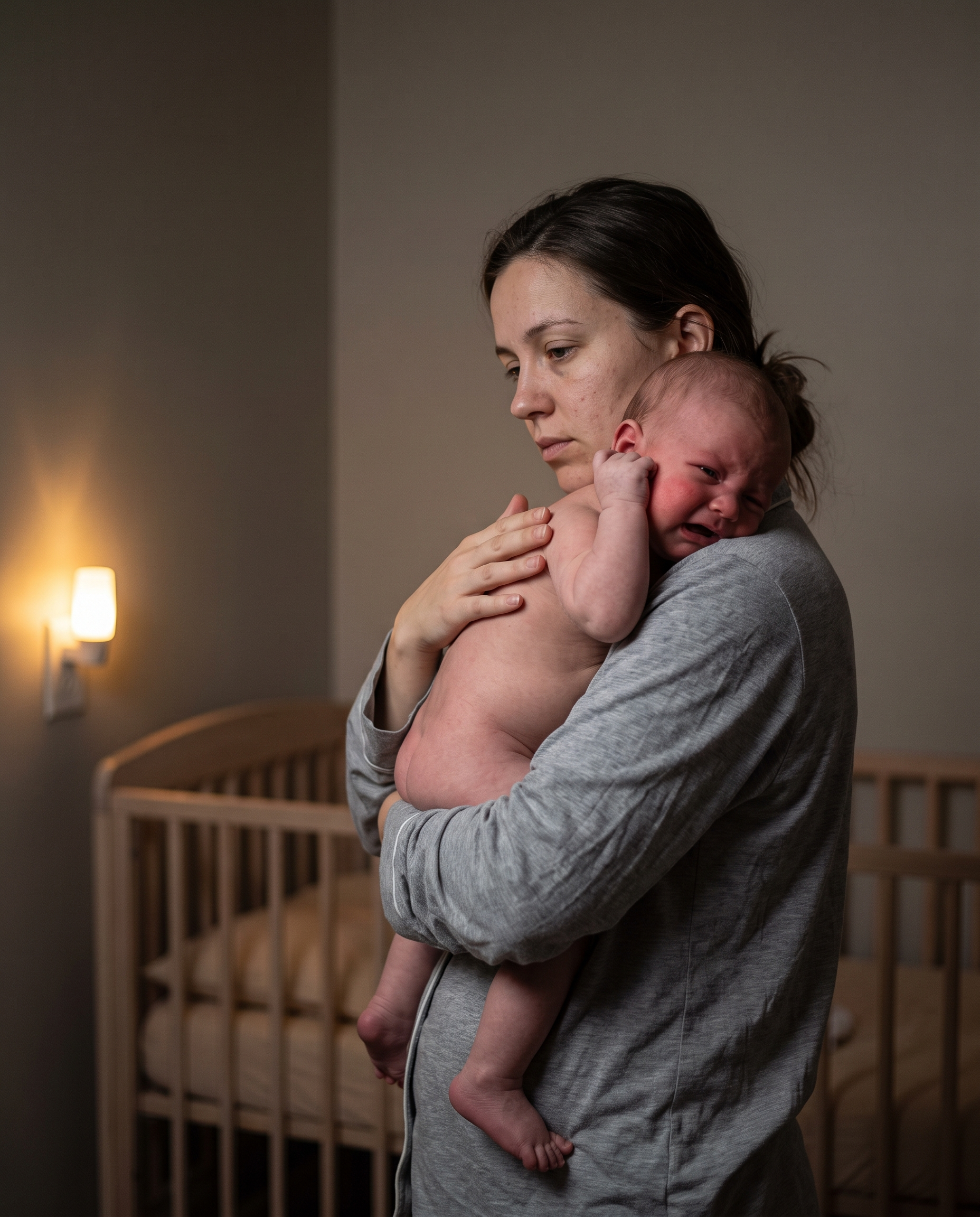 Moeder houdt 's nachts haar huilende baby vast in een schemerige babykamer