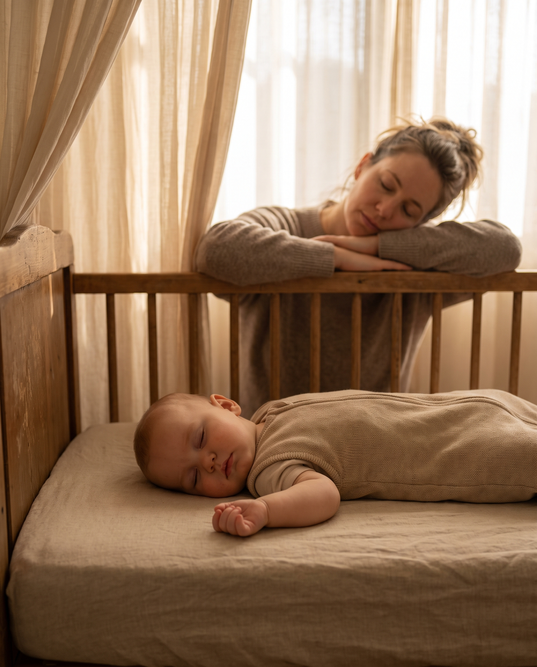 Rustig slapende baby in het bedje, moeder kijkt opgelucht toe