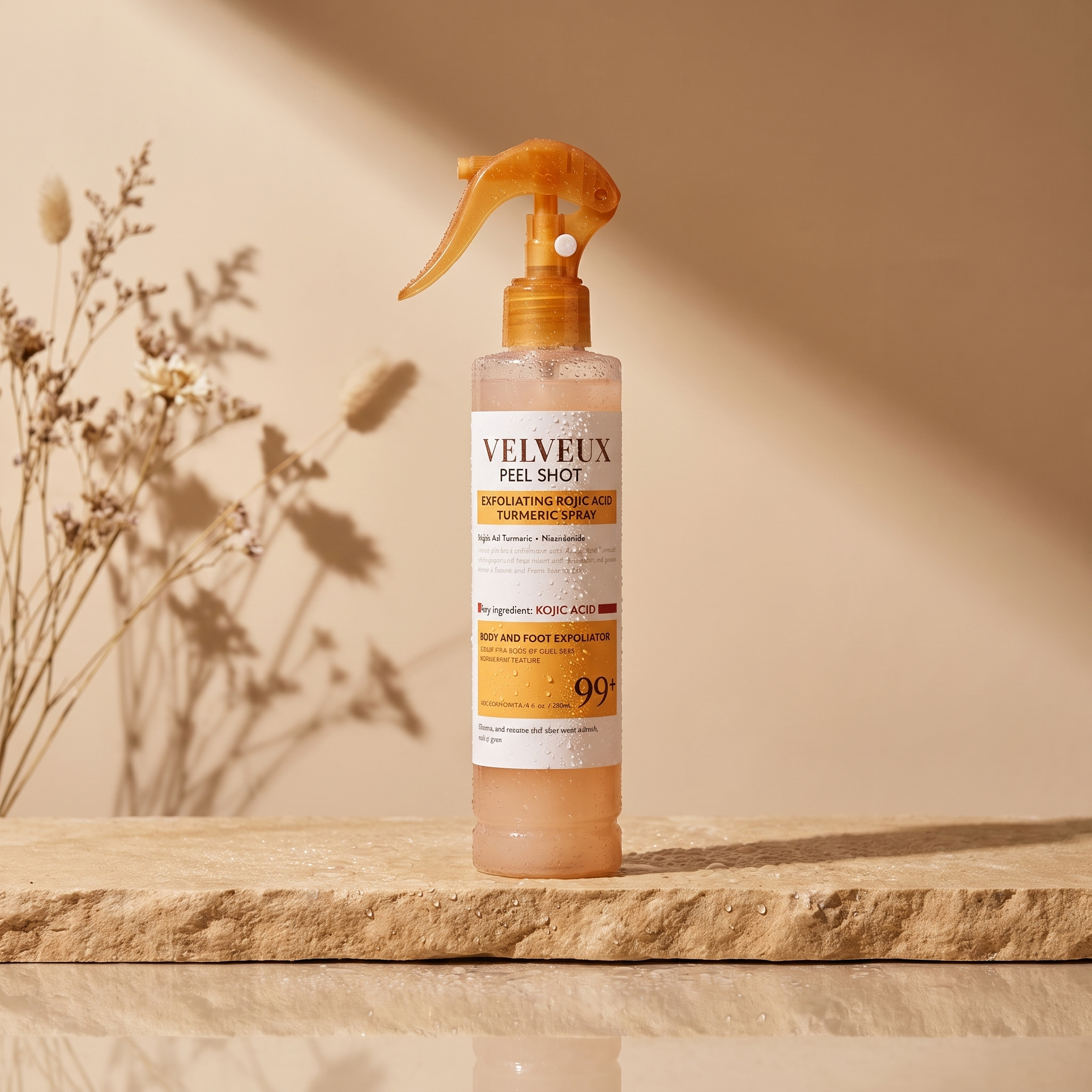 De Velveux Keratin Peel Shot op een zandkleurige steen met fijne waterdruppels